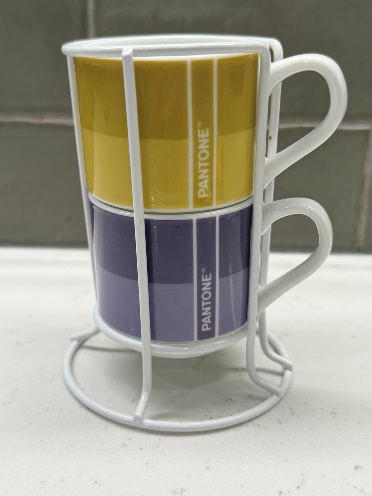 Egan Pantone Linear Stacking Mug Set w Rack NWOT Porcelain Italy