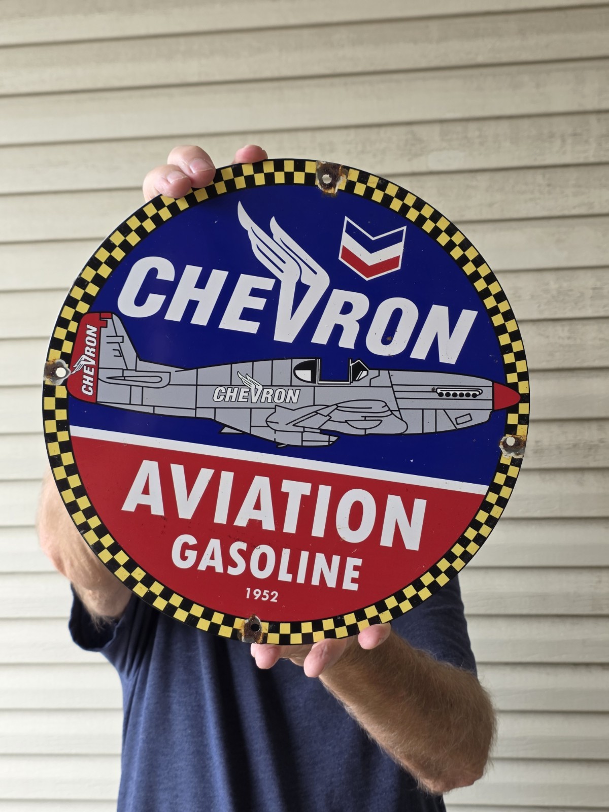 VINTAGE 1952 CHEVRON AVIATION GASOLINE PORCELAIN SIGN 12 VINTAGE 1952 CHEVRON AVIATION GASOLINE PORCELAIN SIGN 12