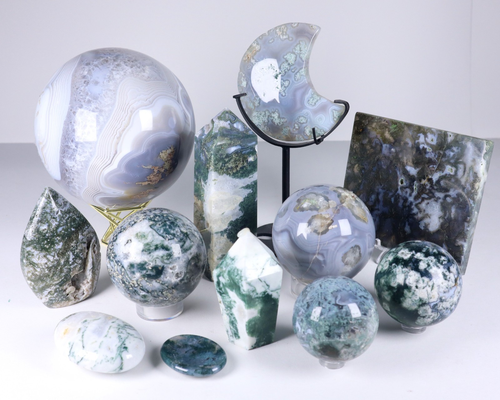 HUGE 11lbs Moss Agate Crystal Collection Lot Spheres Towers Moon Slab 13 pieces