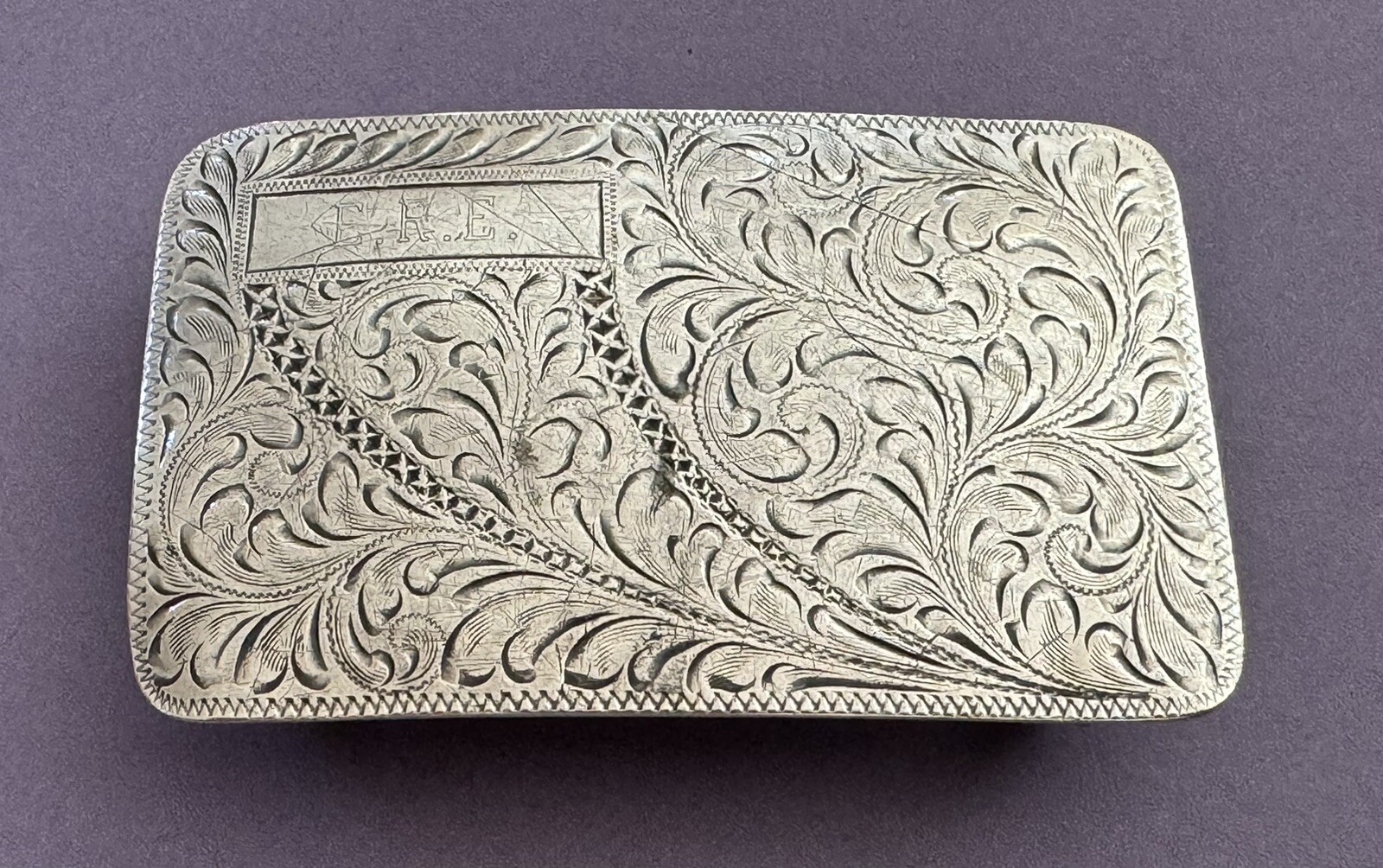 Old Vintage Antique Western Engraved Sterling Silver Monogram E.R.E. Belt Buckle