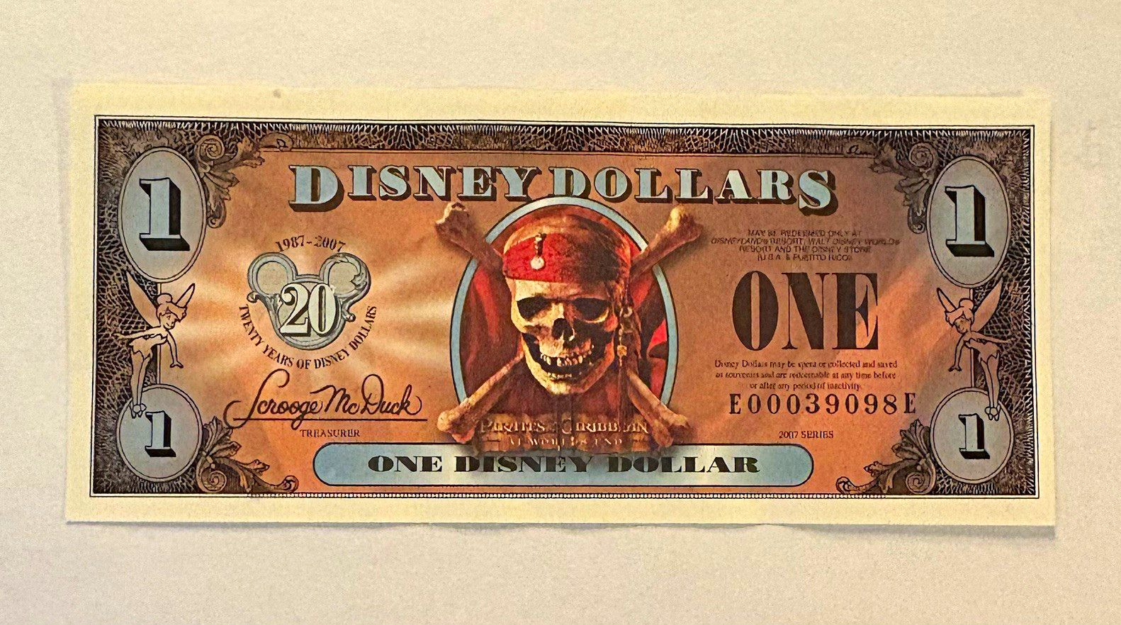 Disney Pirates of the Caribbean $1 Disney Dollars Note, Series 2007 Disney Pirates of the Caribbean $1 Disney Dollars Note, Series 2007