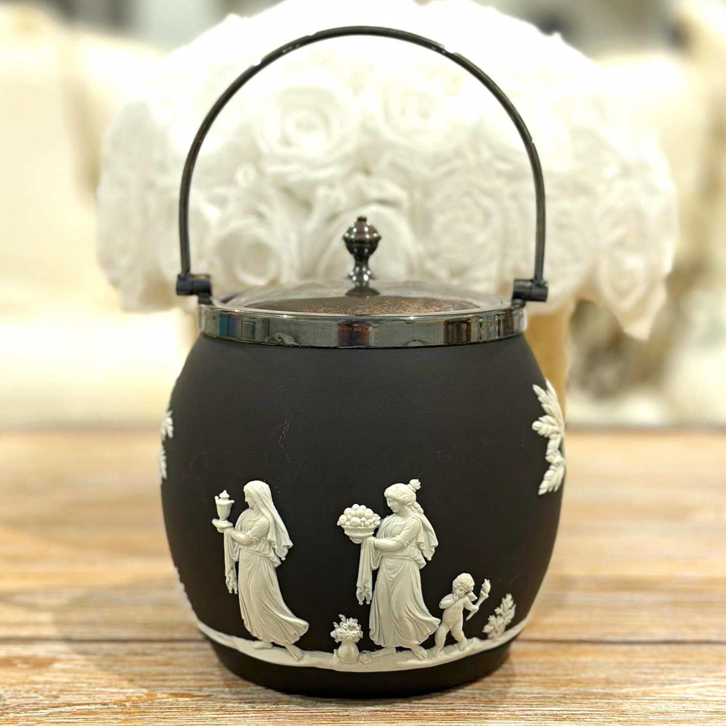 Vintage Wedgwood Black Basalt Jasperware Biscuit Jar Silver Plate Lid & Handle Vintage Wedgwood Black Basalt Jasperware Biscuit Jar Silver Plate Lid & Handle