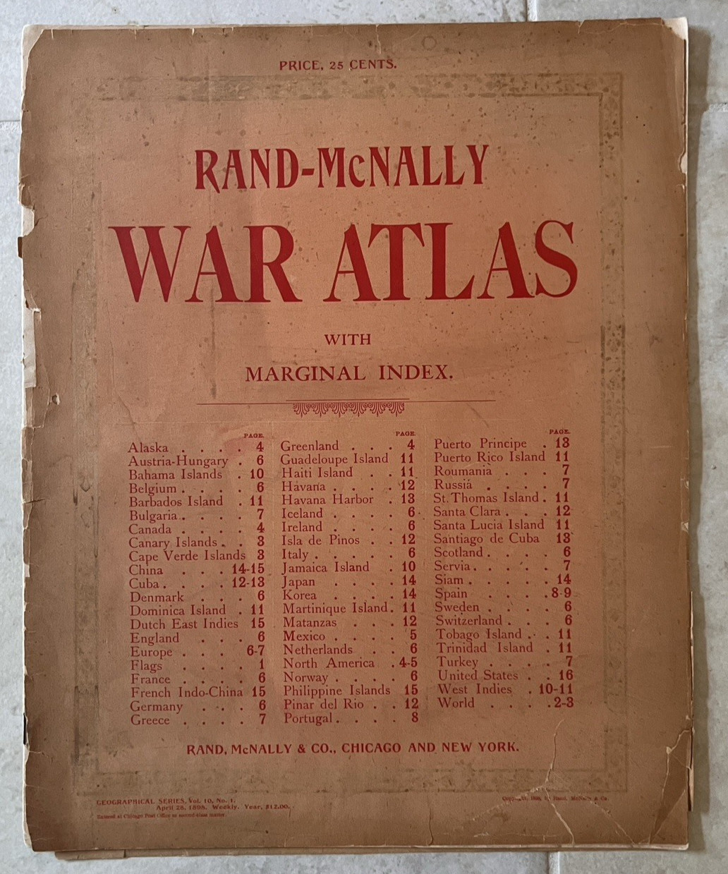 Antique Rand McNally War Atlas 1898 Geographical Vol. 10 No/ 1