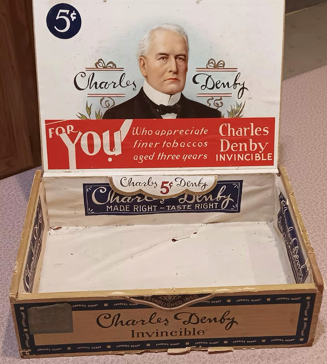 Antique Charles Denby Invincible 5C Claro CIGAR BOX H. Fendrich Evansville IND