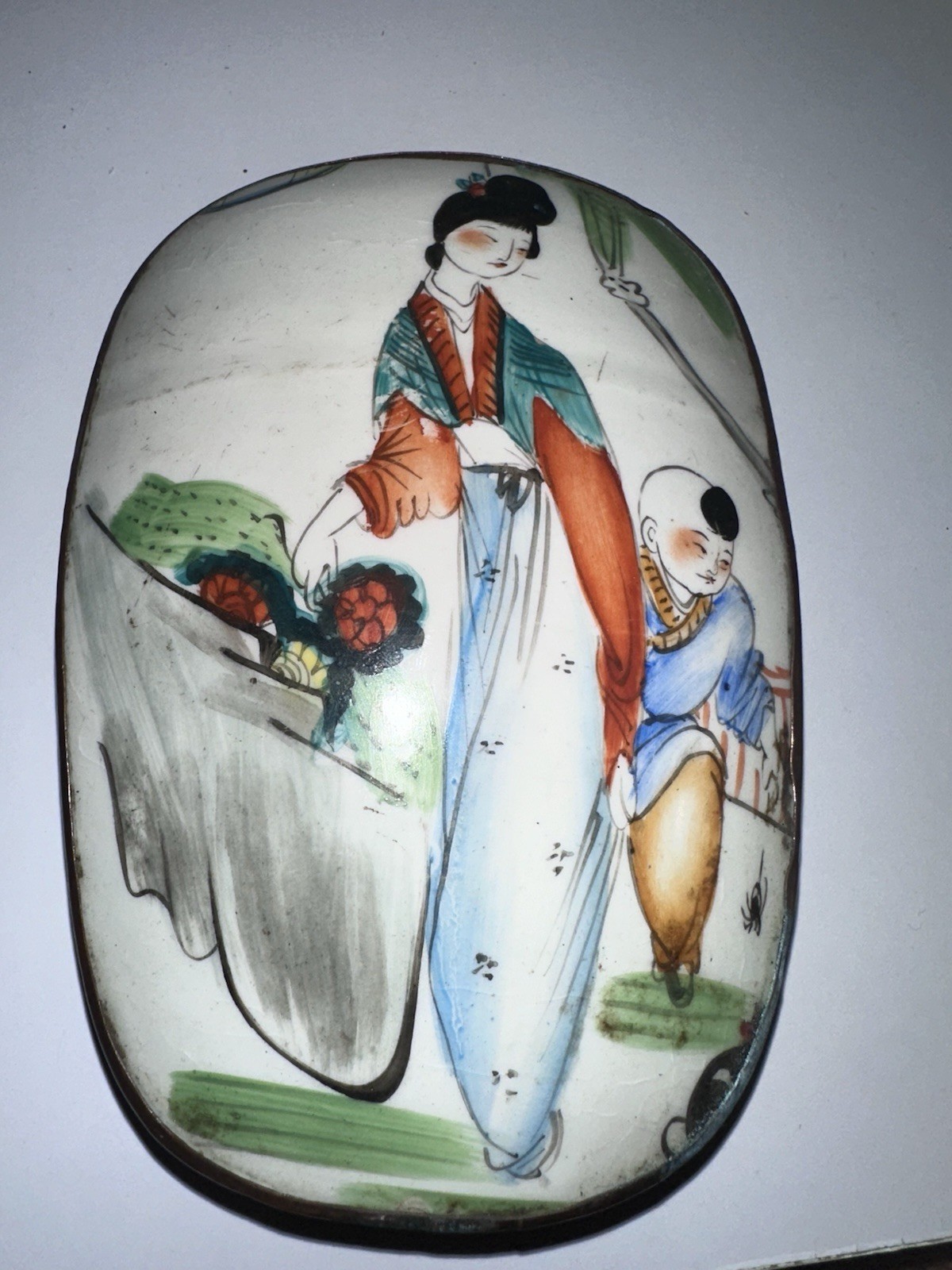 Vintage Chinese Canton Enamel Brass Box Hand Painted Woman Child Figural