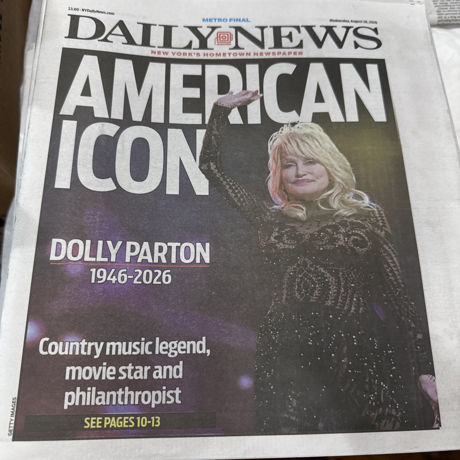 NEW YORK DAILY NEWS WEDNESDAY 8/26/26  DOLLY PARTON American Icon Cover.