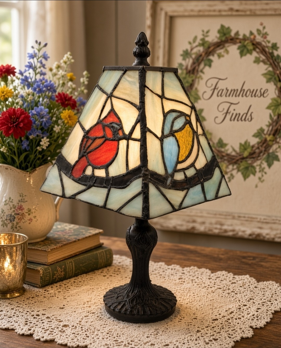 Tiffany Style Stained Glass Bird Accent Lamp Cardinal Bluebird Goldfinch 12\