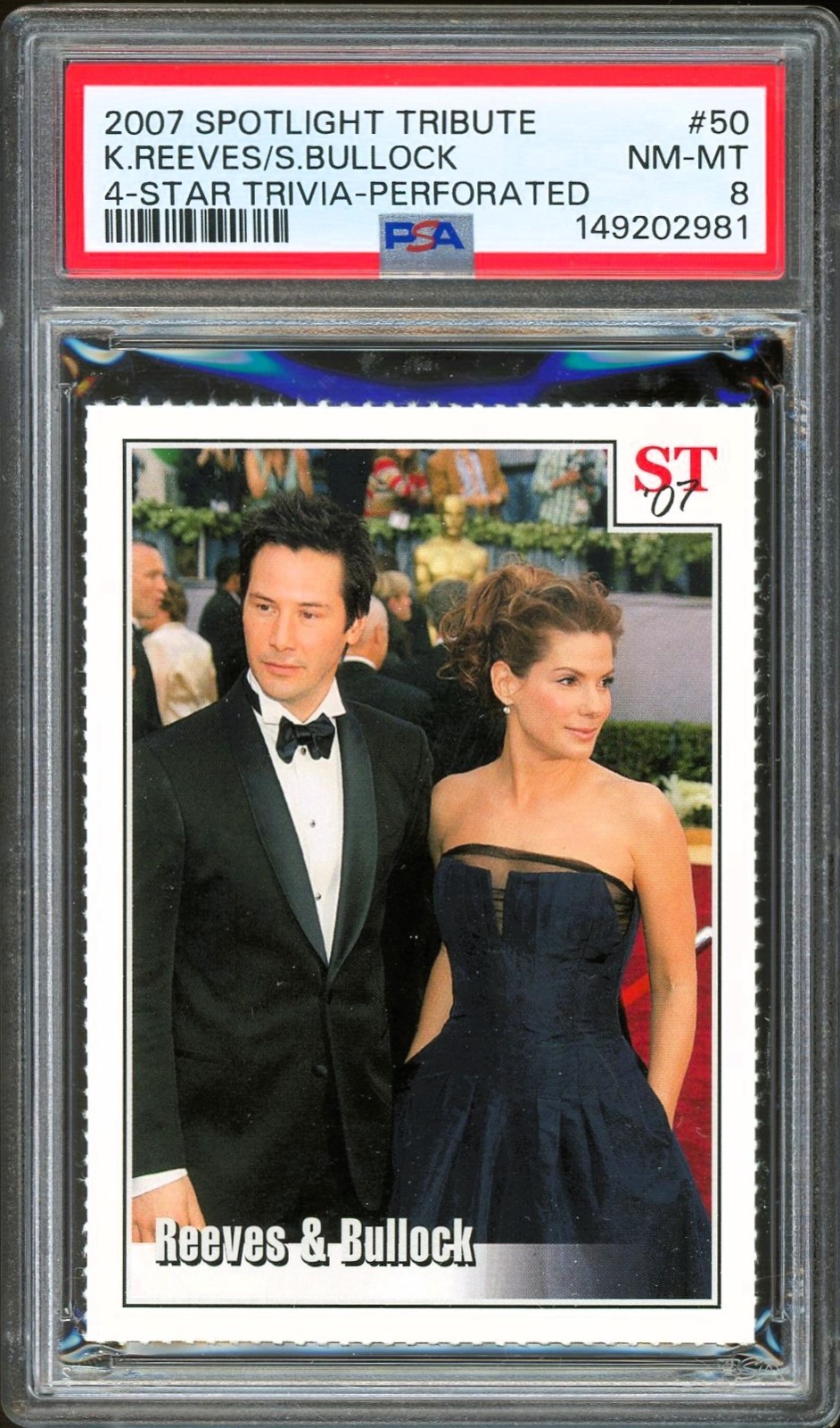 2007 Spotlight Tribute Perforated #50 ROOKIE Keanu Reeves Sandra Bullock PSA 8 2007 Spotlight Tribute Perforated #50 ROOKIE Keanu Reeves Sandra Bullock PSA 8