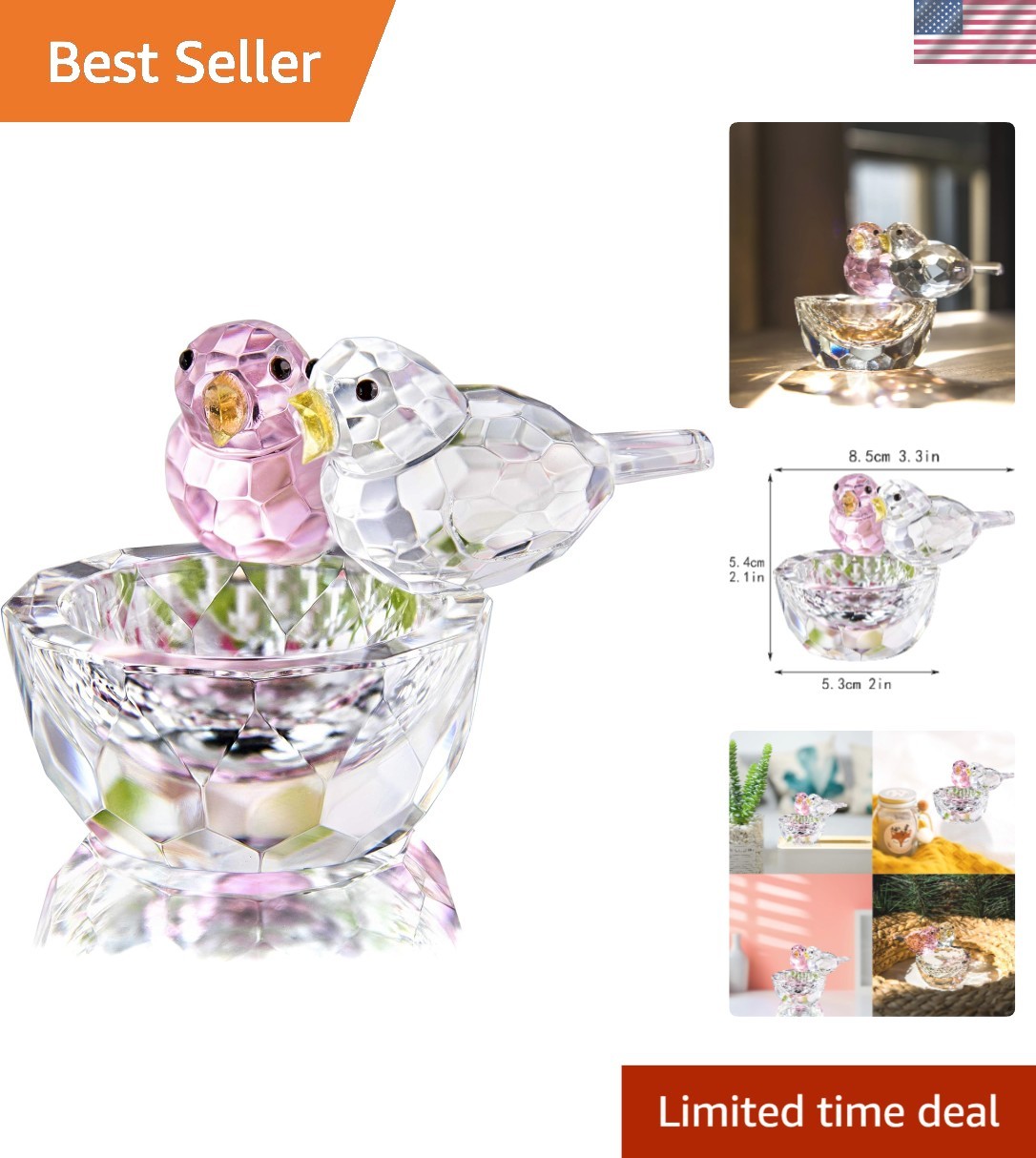 Lifelike 3.3'' Clear and Pink Crystal Bird Figurine - Art Glass Collectible