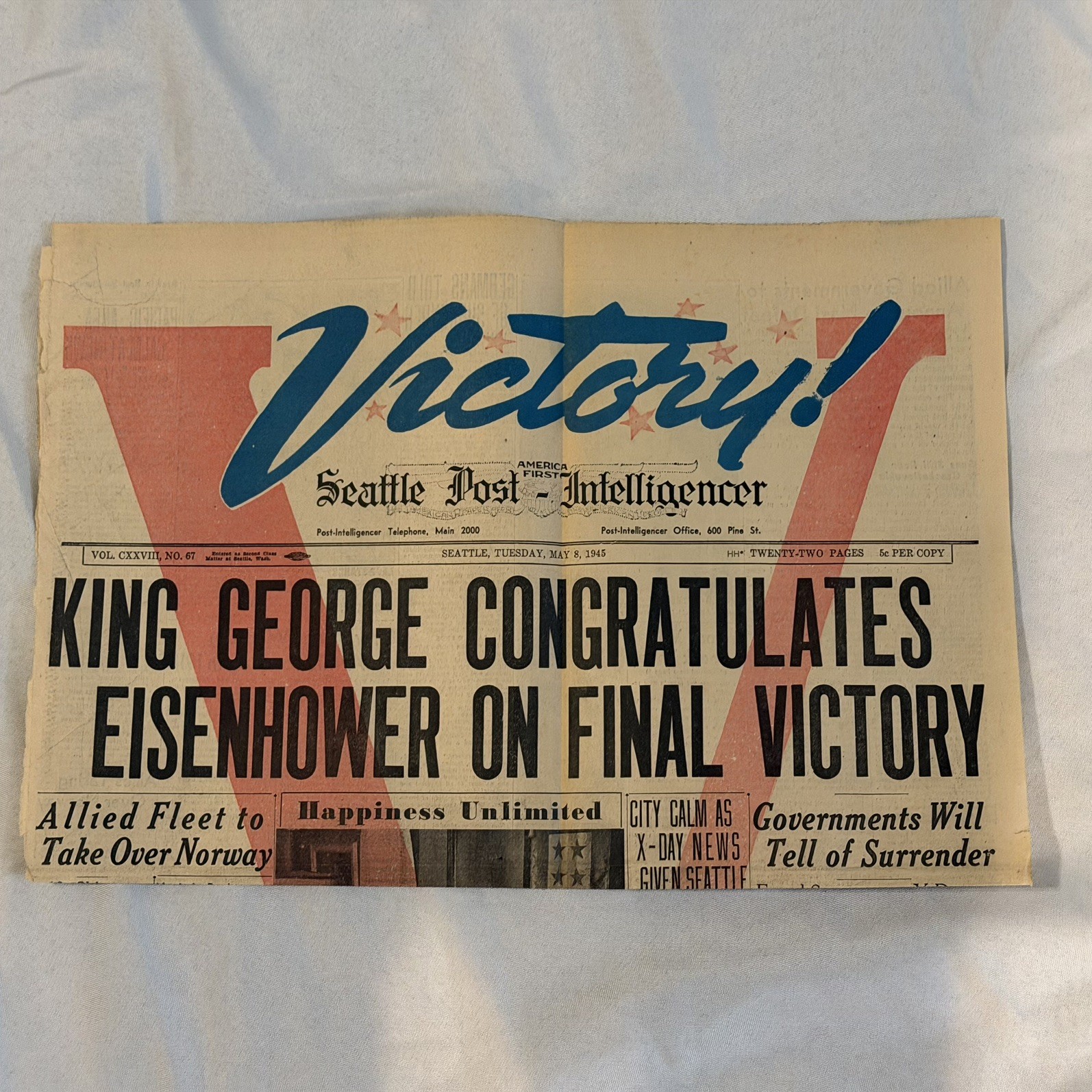 Seattle Post-Intelligencer - May 8, 1945 - Original Front Page - WWII ENDS *** Seattle Post-Intelligencer - May 8, 1945 - Original Front Page - WWII ENDS ***