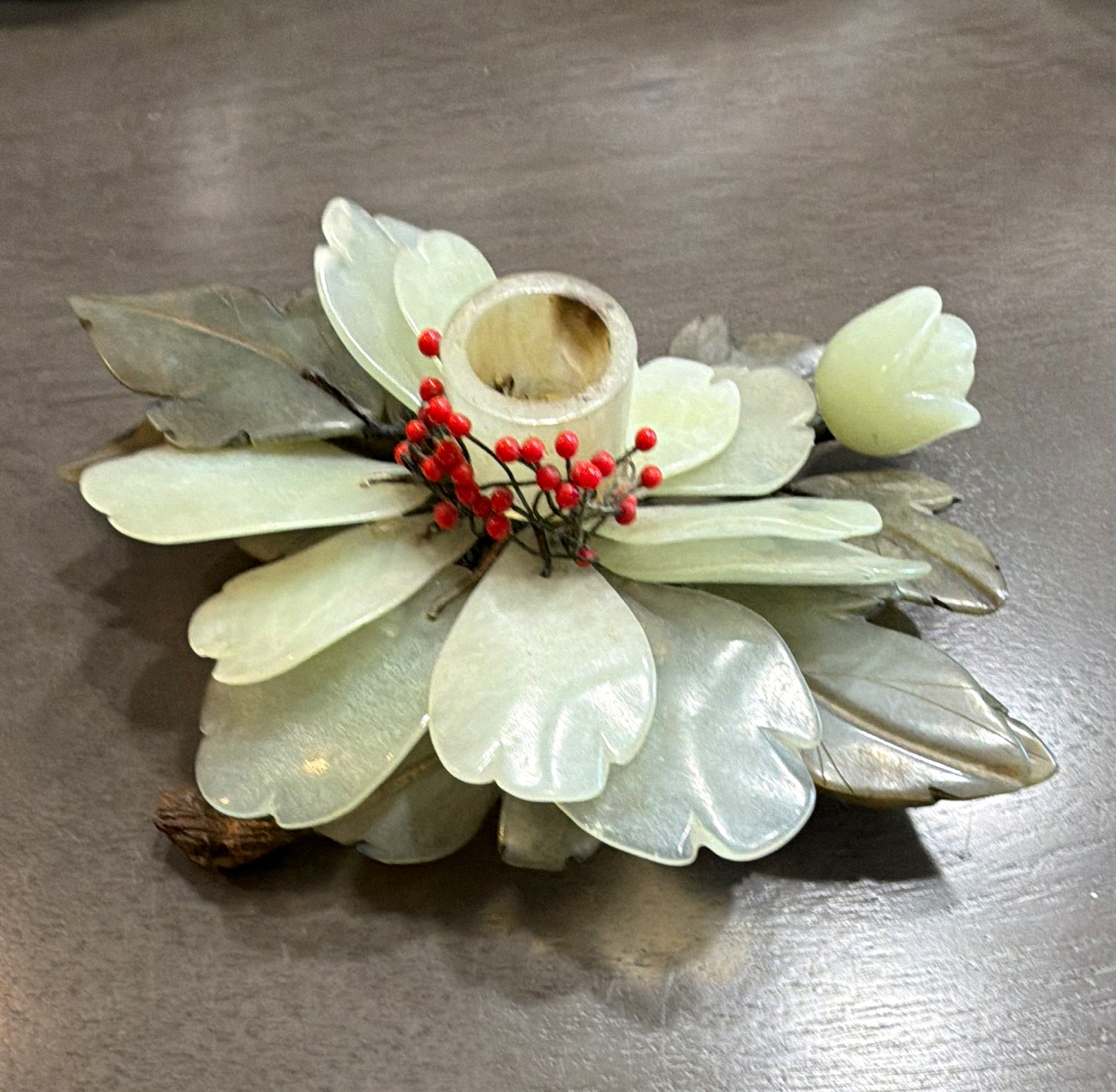 Vintage hand carved jade Stone flower candle holder