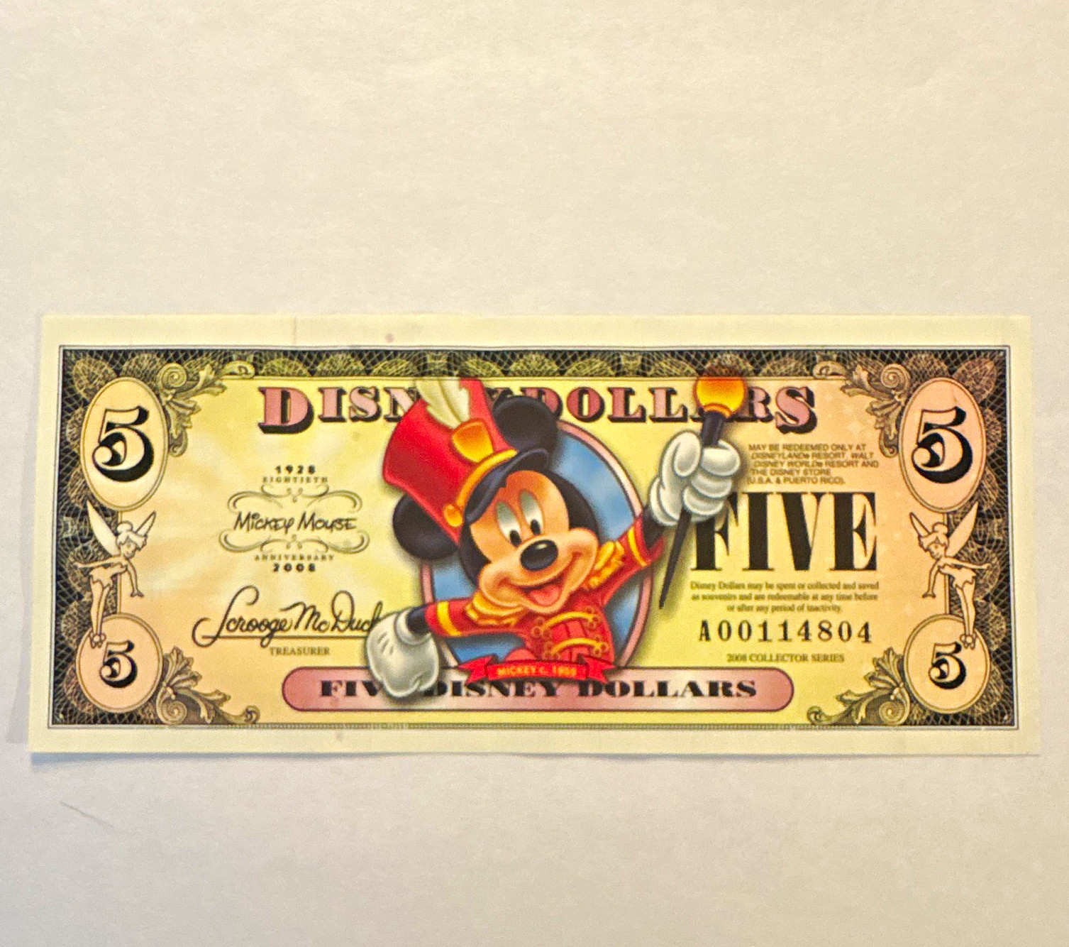 Disney Mickey Mouse $5 Disney Dollars Note, 80th Anniversary, 2008 Disney Mickey Mouse $5 Disney Dollars Note, 80th Anniversary, 2008