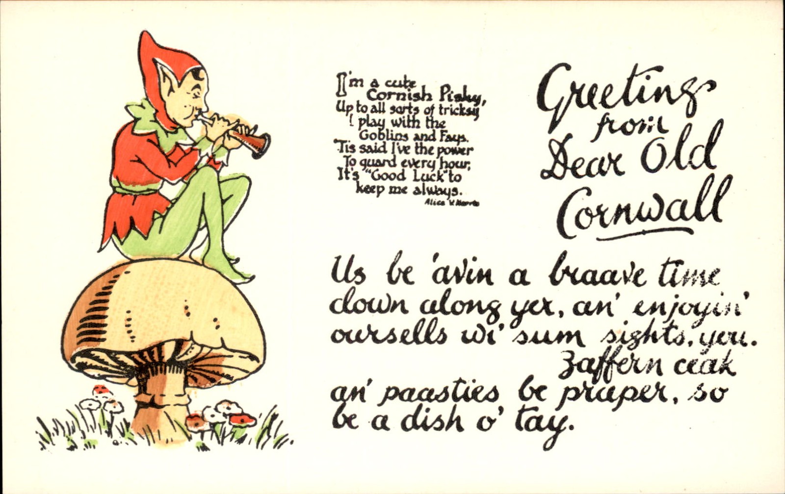 Cornish pixie on mushroom C.W. Co. Bristol Ltd. c1930s-40s Vintage Postcard Cornish pixie on mushroom C.W. Co. Bristol Ltd. c1930s-40s Vintage Postcard