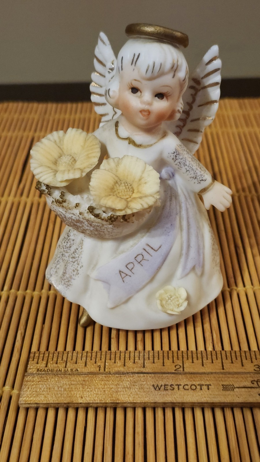 Lefton April Angel Figurine Hand Painted Ceramic White Gold Yellow Lefton April Angel Figurine Hand Painted Ceramic White Gold Yellow