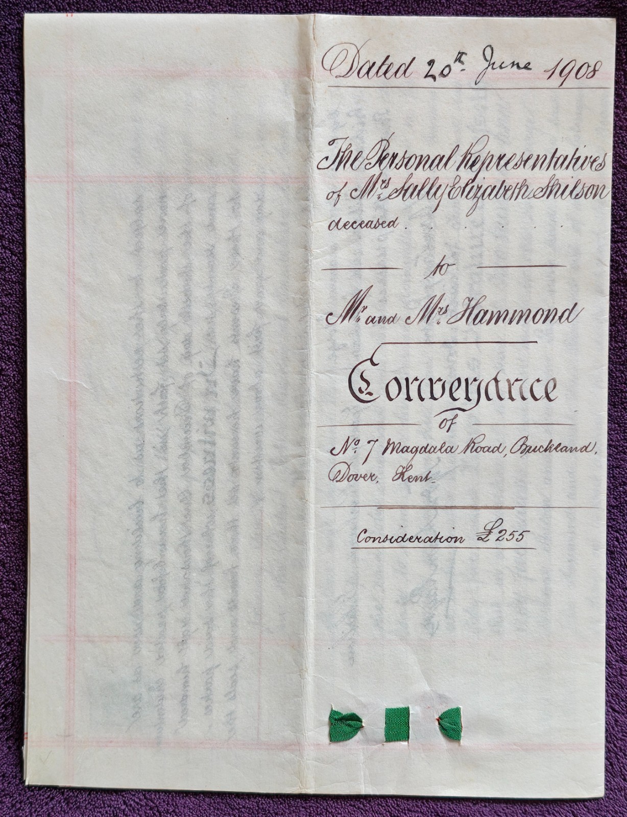1908 Dover Kent Shilson to Hammond Magdala Road Buckland Conveyance Indenture 1908 Dover Kent Shilson to Hammond Magdala Road Buckland Conveyance Indenture