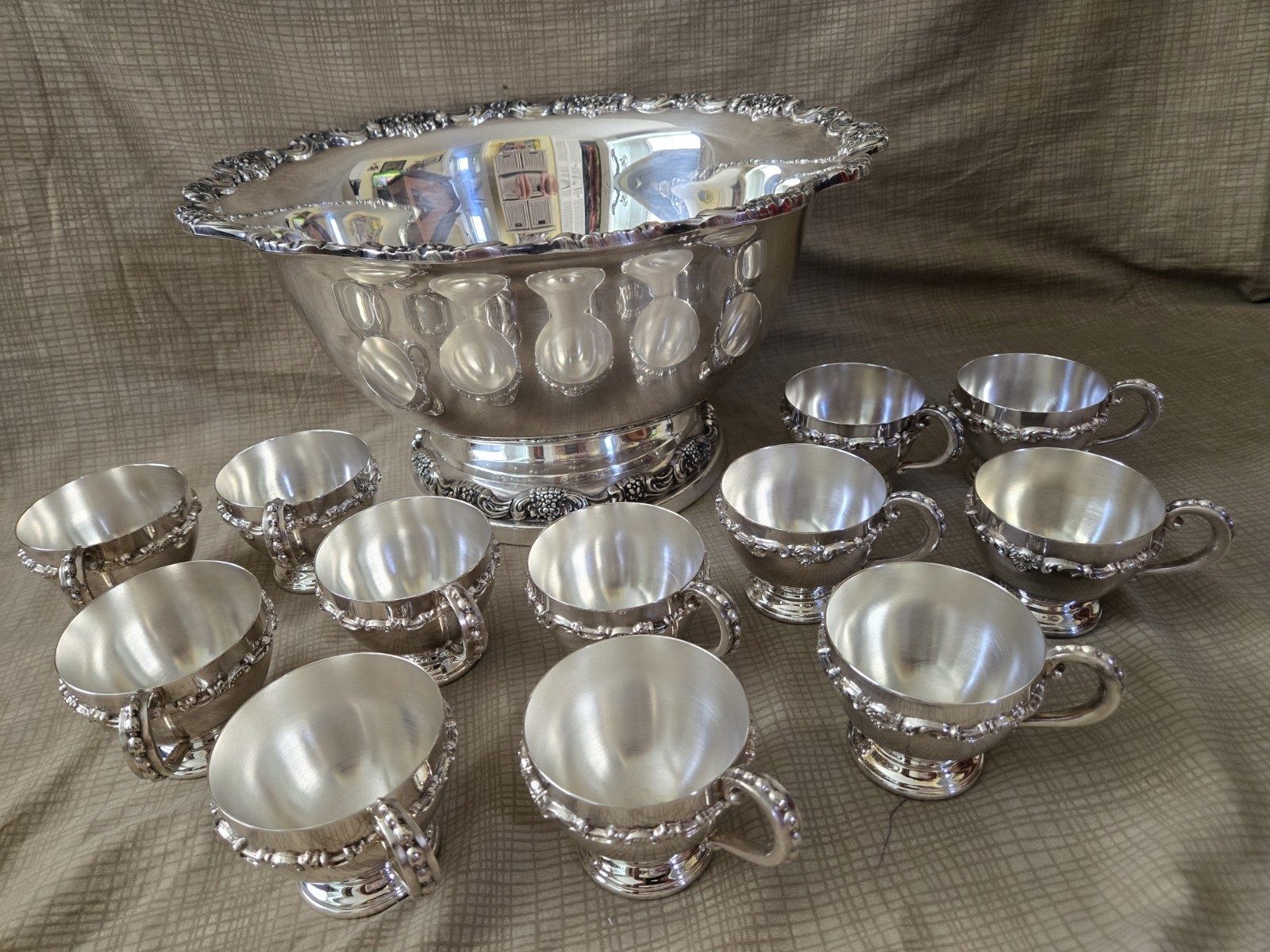 Poole Lancaster Rose Silver Plate Punch Bowl With Twelve Cups EPCA, 426/427 NICE