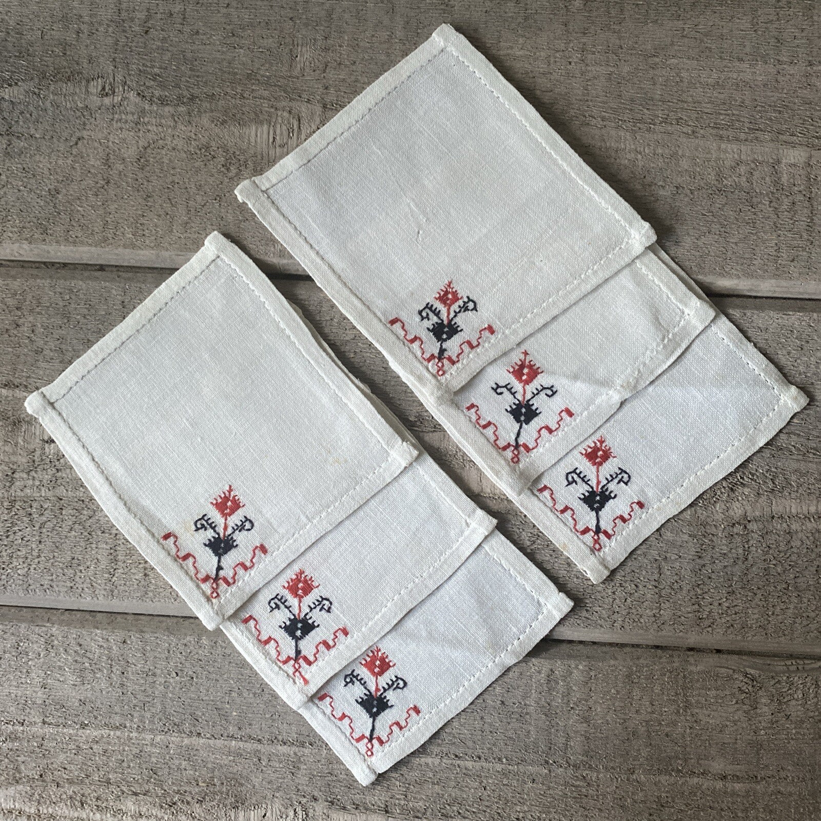 Vintage Mid Century Coasters Linen Embroidered Set /6