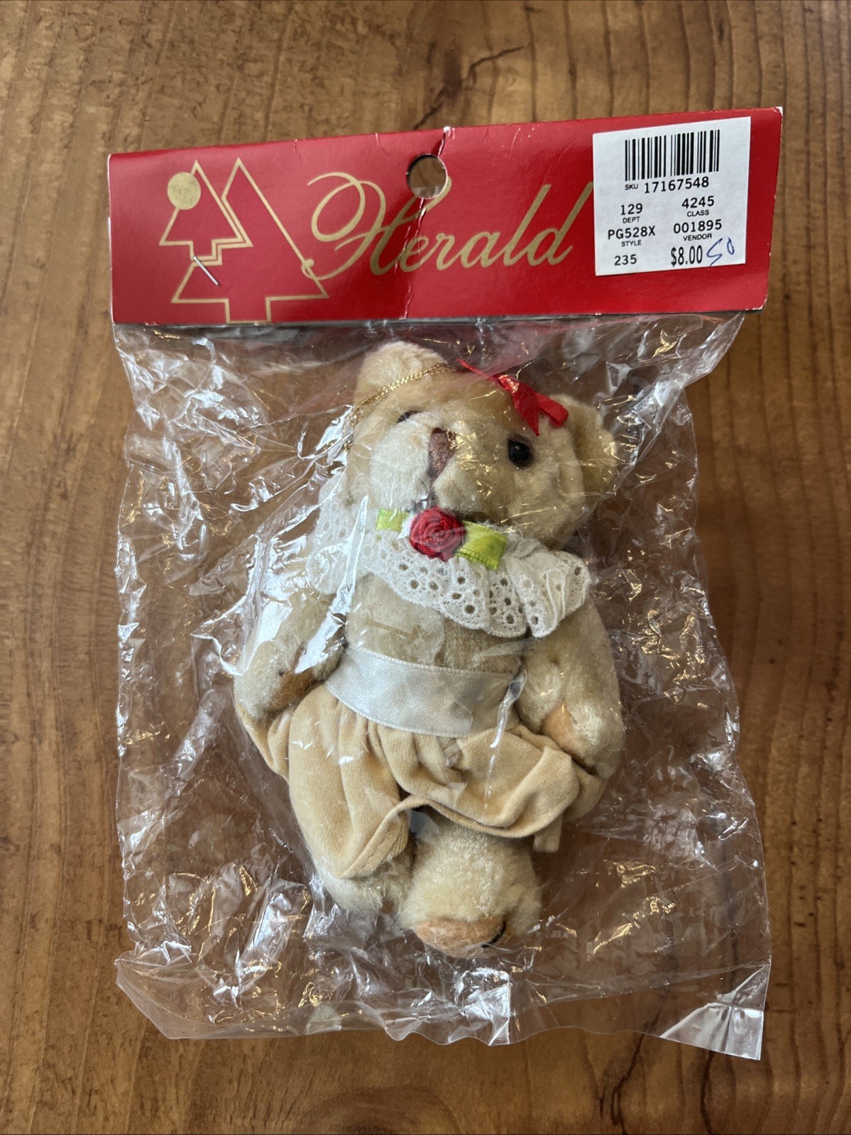 VTG Herald Plush Teddy Bear Christmas Ornament Rose Lace Collar Red Bow RARE FWC VTG Herald Plush Teddy Bear Christmas Ornament Rose Lace Collar Red Bow RARE FWC