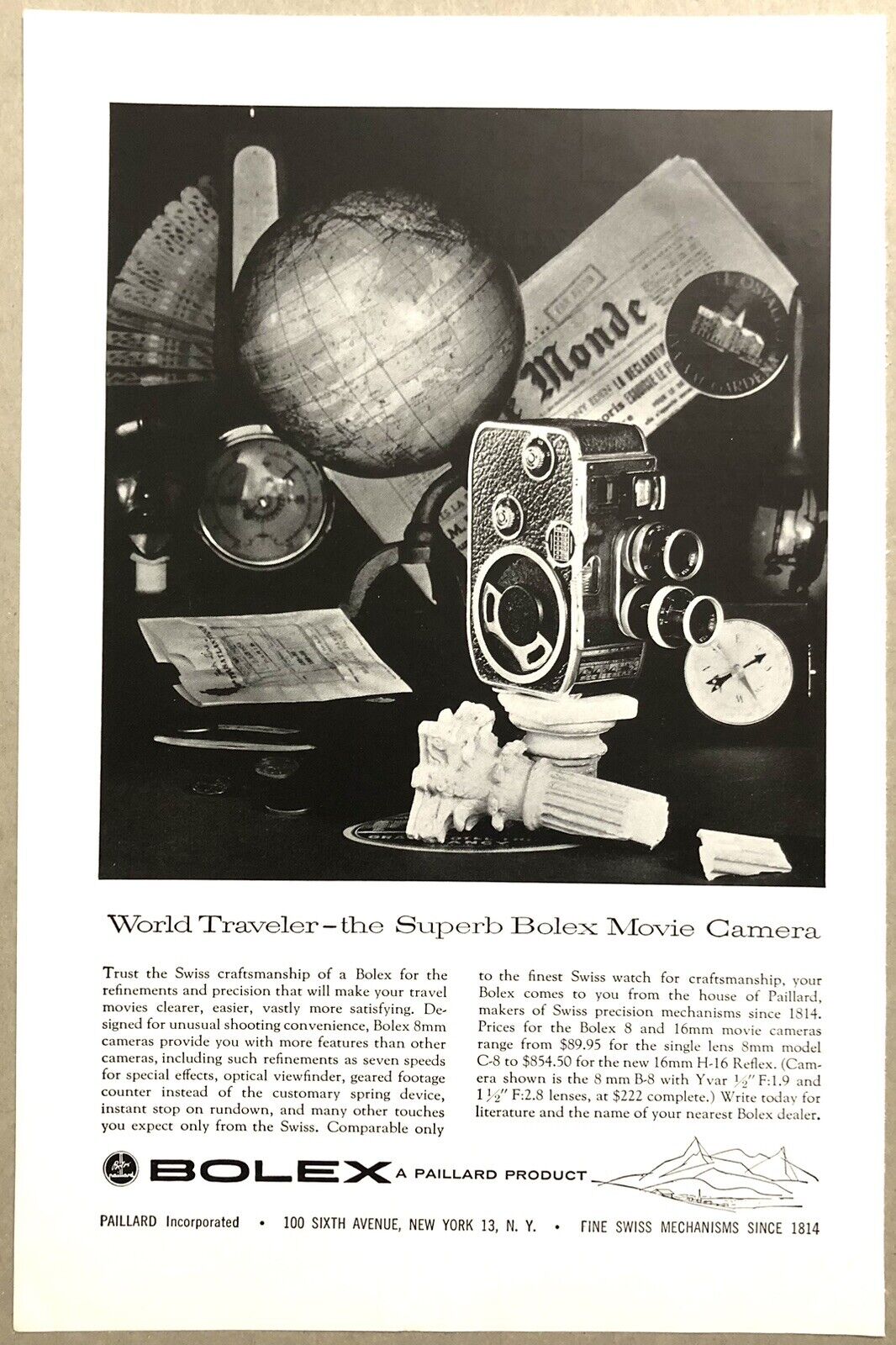 Vintage 1957 Original Print Advertisement Full Page - Bolex World Traveler