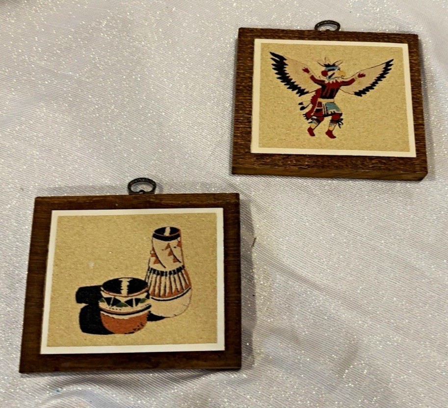 Vintage Rainbow Way Ltd Sand Art Pair Pueblo Pottery Eagle Dance Albuquerque NM