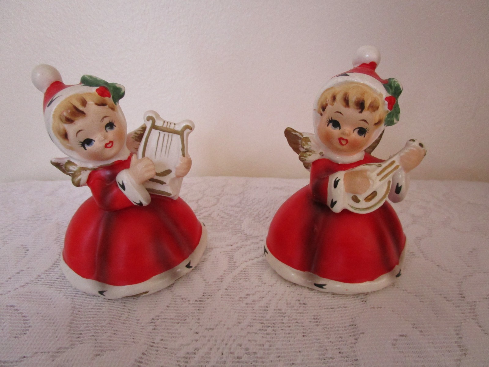 Vintage Napco Napcoware Christmas Angels Playing Harp & Mandolin Japan XLNT
