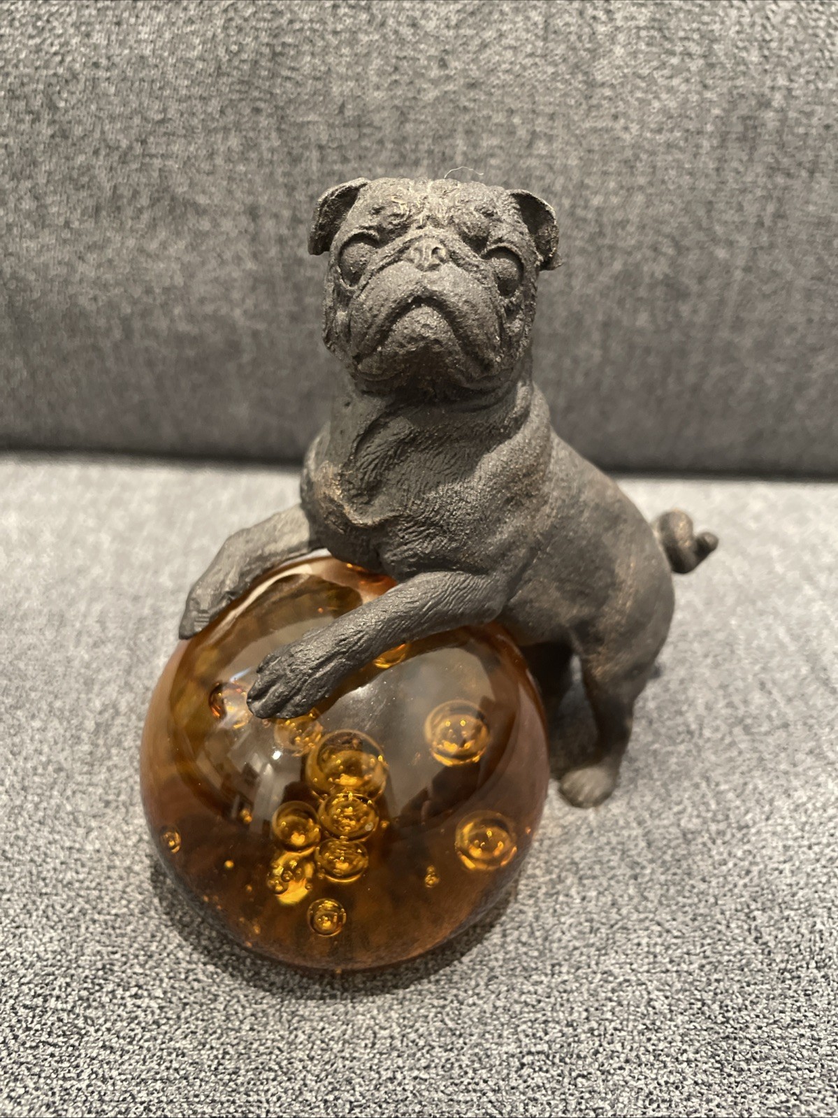 Vintage Solid Bronze Mini Pug Dog on Amber Glass Ball Sculpture Paperweight 5\ Vintage Solid Bronze Mini Pug Dog on Amber Glass Ball Sculpture Paperweight 5\