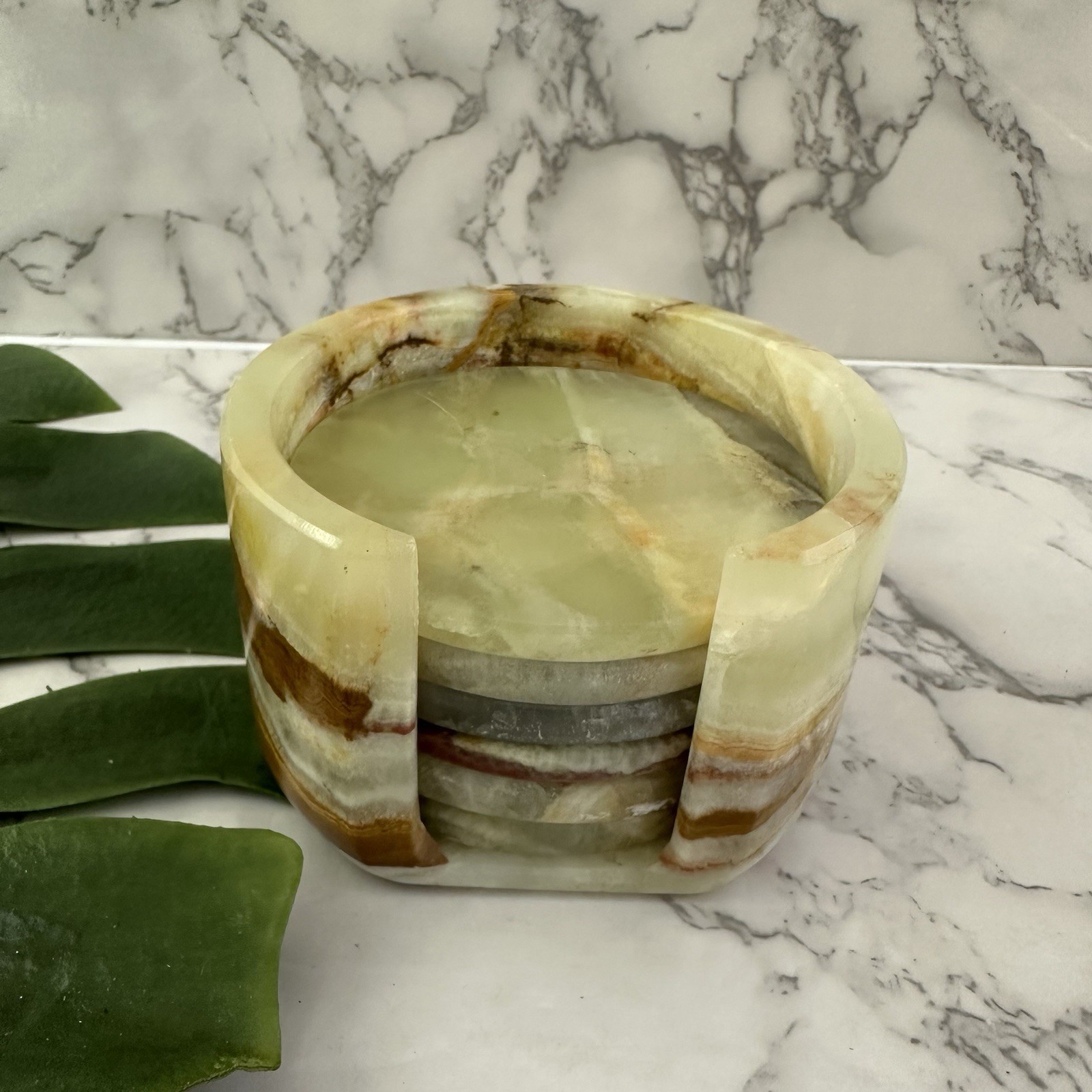 Vintage 90s Green Onyx Natural Stone Coaster Set of 6 Round Barware Drinks Vintage 90s Green Onyx Natural Stone Coaster Set of 6 Round Barware Drinks