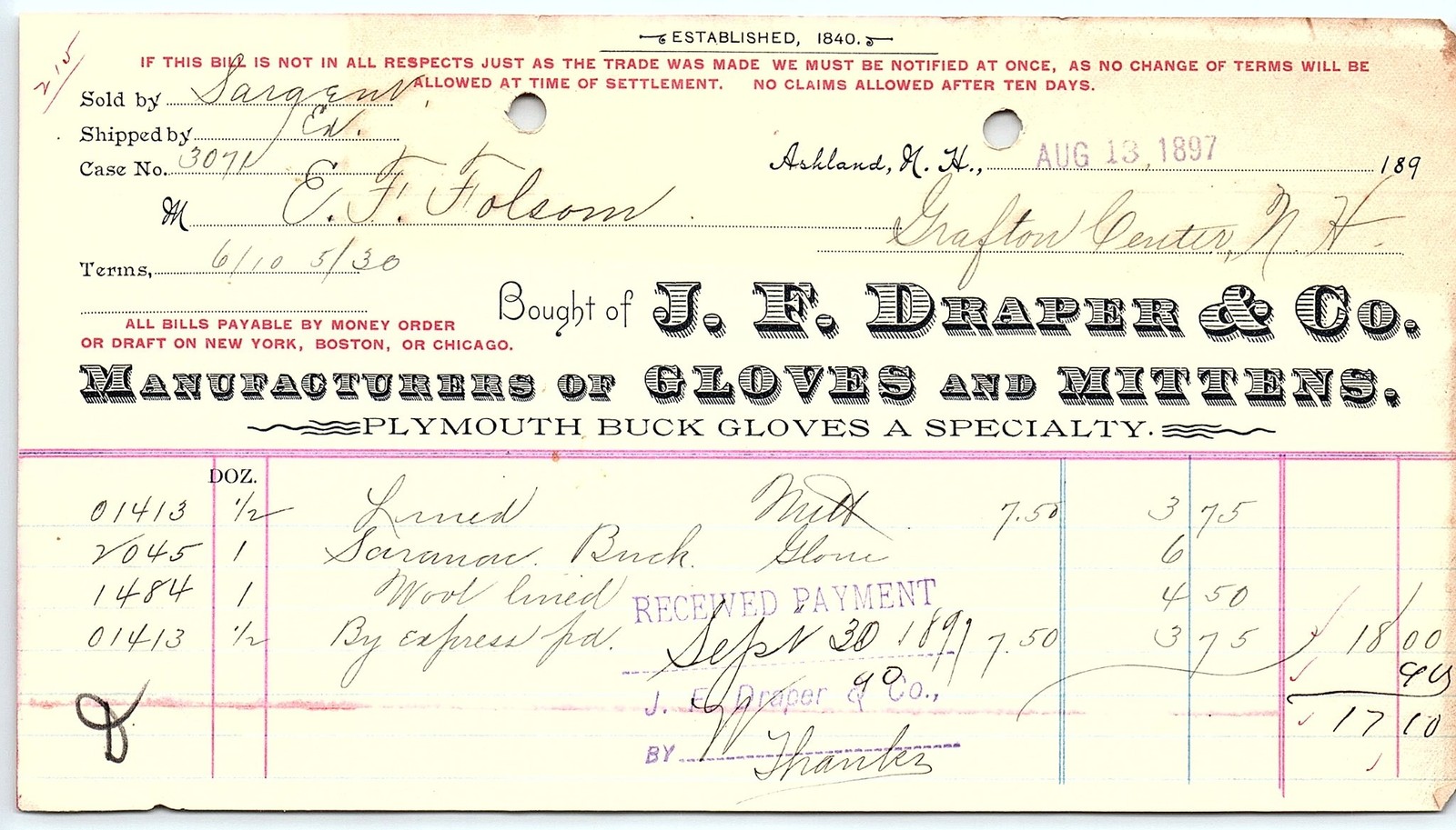 1897 J.R. Draper & Co. NH Gloves & Mittens Billhead 1897 J.R. Draper & Co. NH Gloves & Mittens Billhead