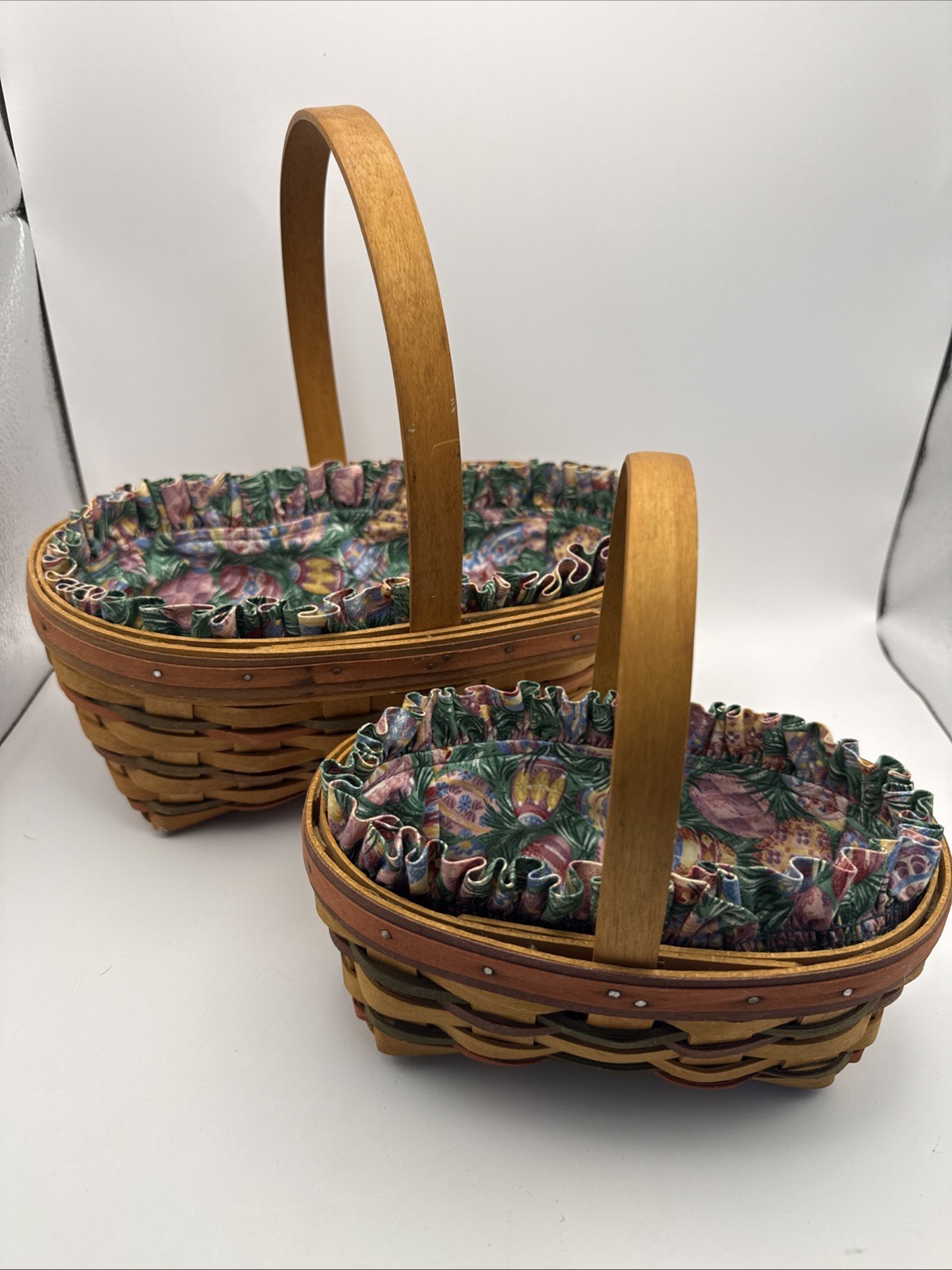 Lot of 2 Longaberger Woven Baskets with Fabric Liners & Handles Vintage Lot of 2 Longaberger Woven Baskets with Fabric Liners & Handles Vintage