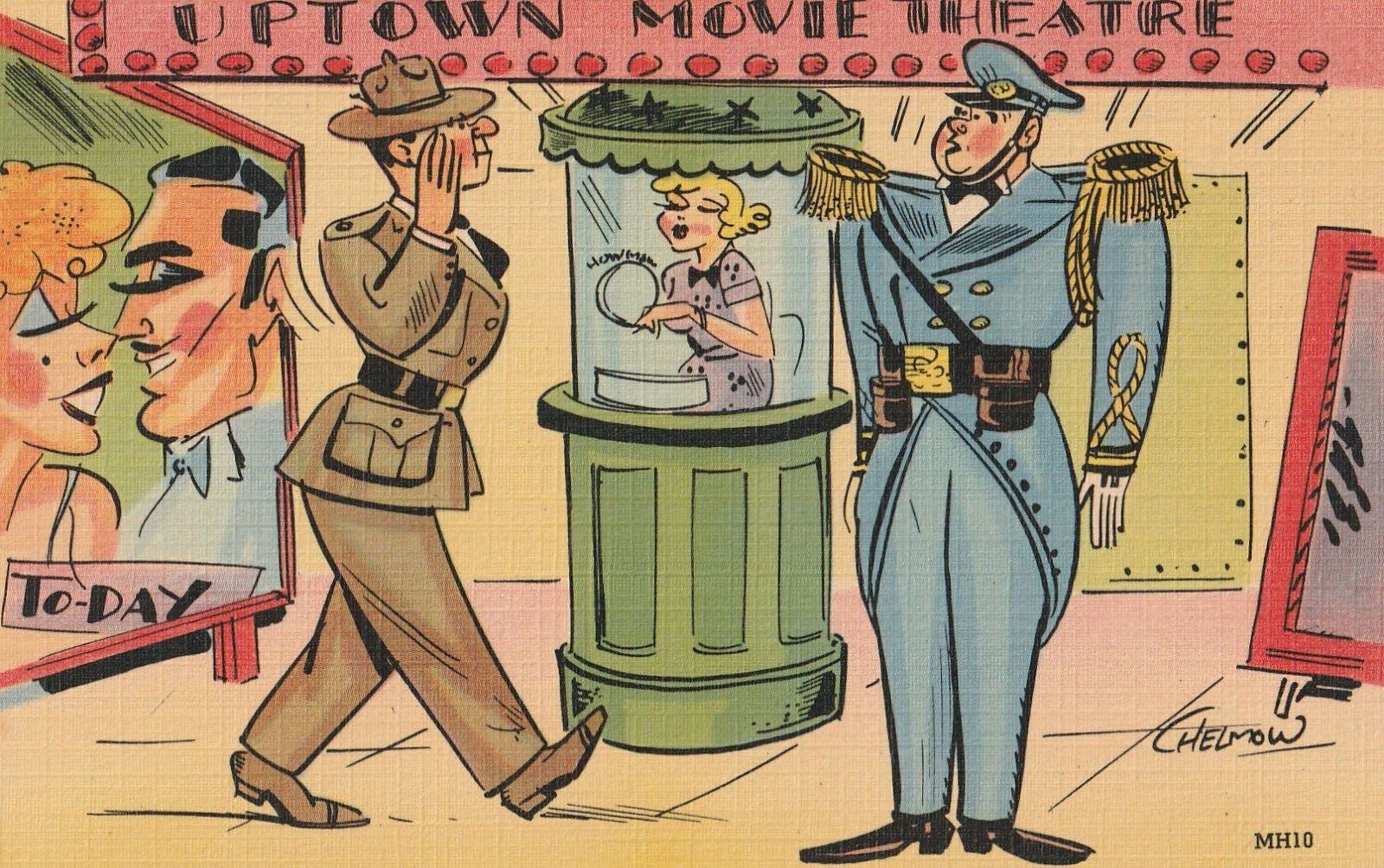 Vintage WW2 Linen Postcard Tichnor Uptown Movie Theatre Military Army Art Unused