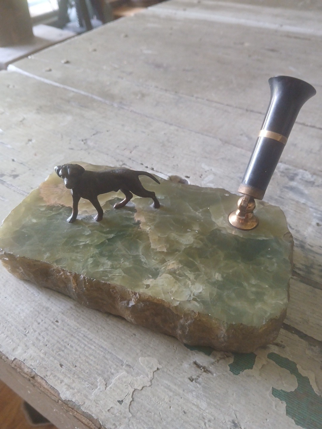 Antique Shaeffer Green Onyx Bronze Pointer Dog Desk Pen Holder