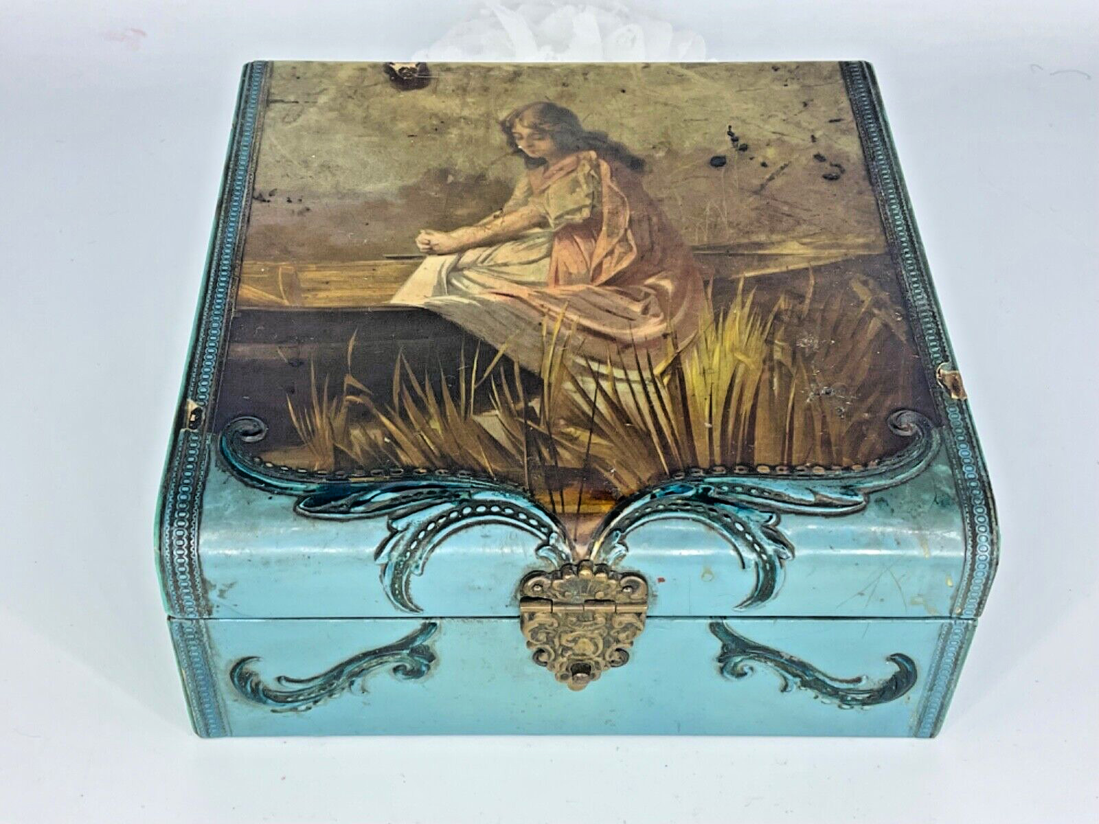 Antique Celluloid Jewelry Box Elegant Lady Victorian Art Deco