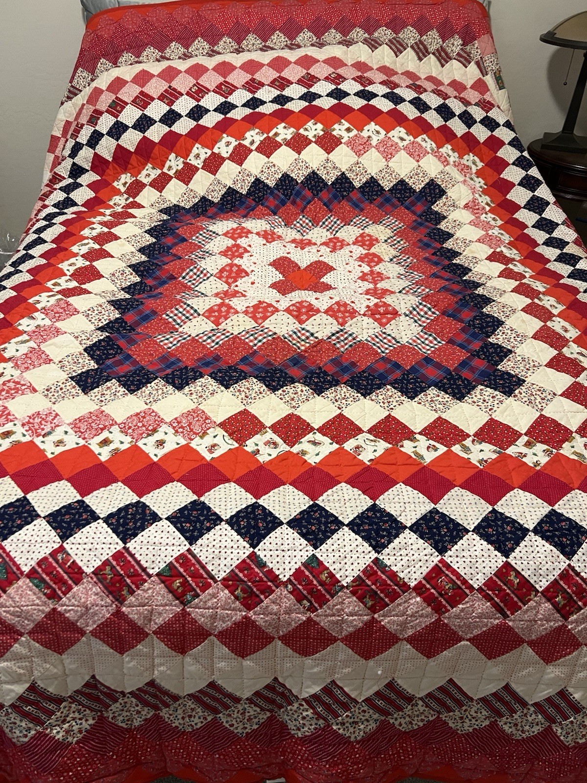 Vintage Trip Around The World quilt hand stitched 103 X 103 Vintage Trip Around The World quilt hand stitched 103 X 103