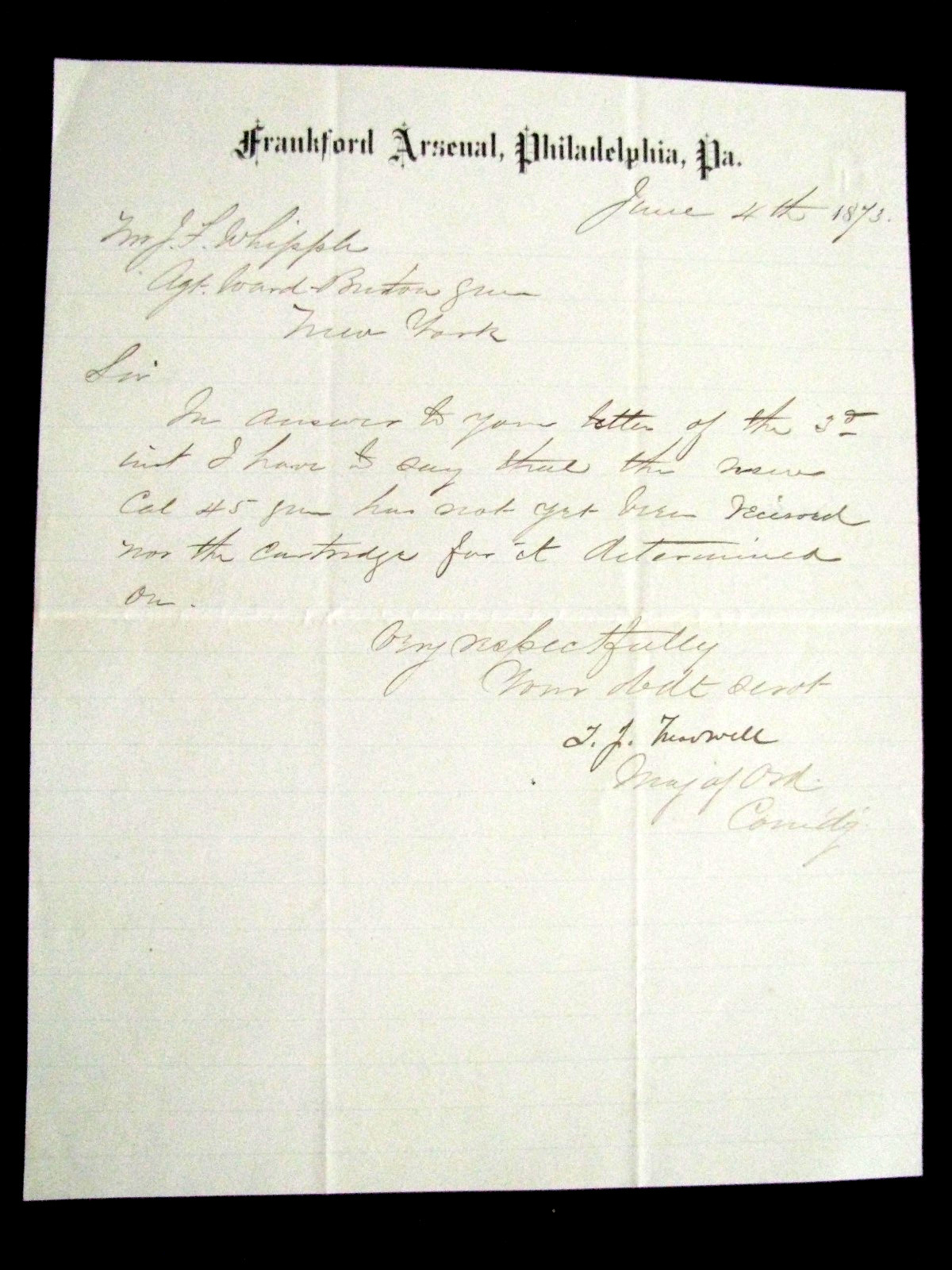 FRANKFORD ARSENAL LETTER RE WARD-BURTON BOLT-ACTION RIFLES TRIAL 1873