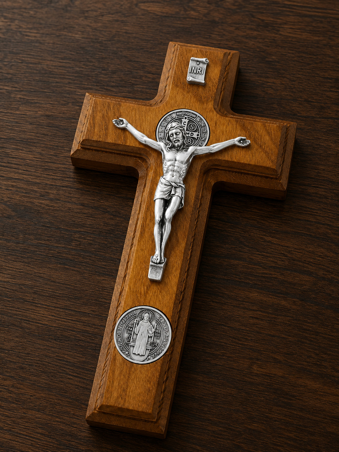 Pewter St. Benedict Medals and Italian Corpus Crucifix Wooden Sick Call Set