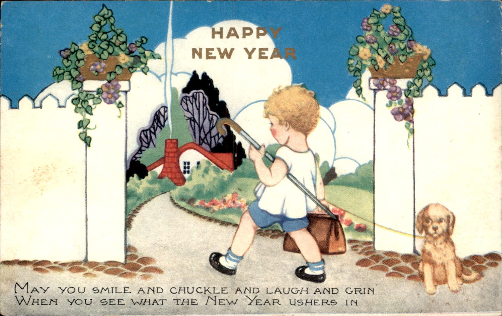 New Year's Boy with Garden Hose Animals Whitney c1910s-20s Vintage Postcard New Year's Boy with Garden Hose Animals Whitney c1910s-20s Vintage Postcard