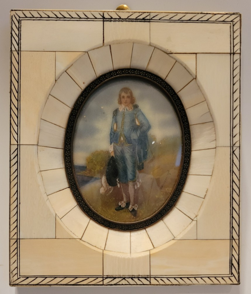 Antique Miniature Portrait of Man in Decorative Mosaic Bone Tile Picture Frame