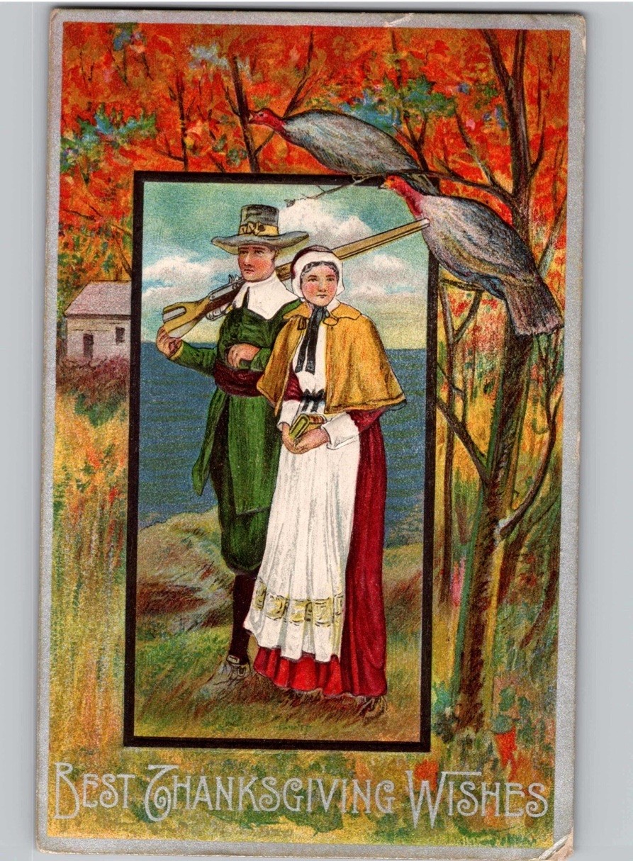 c1910 Best Thanksgiving Wishes Pilgrims Turkeys Musket Embossed Monroe IA Postca c1910 Best Thanksgiving Wishes Pilgrims Turkeys Musket Embossed Monroe IA Postca