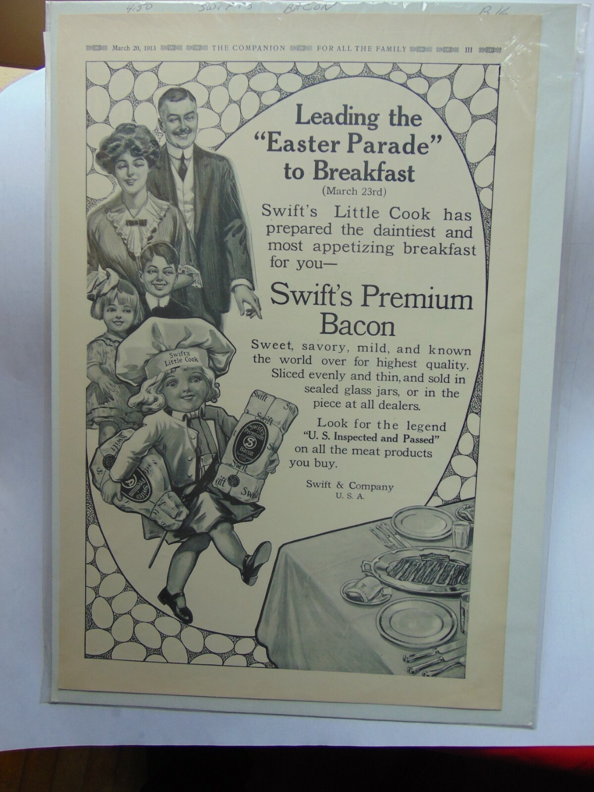 1913 SWIFT\'S PREMIUM BACON  vintage art print ad