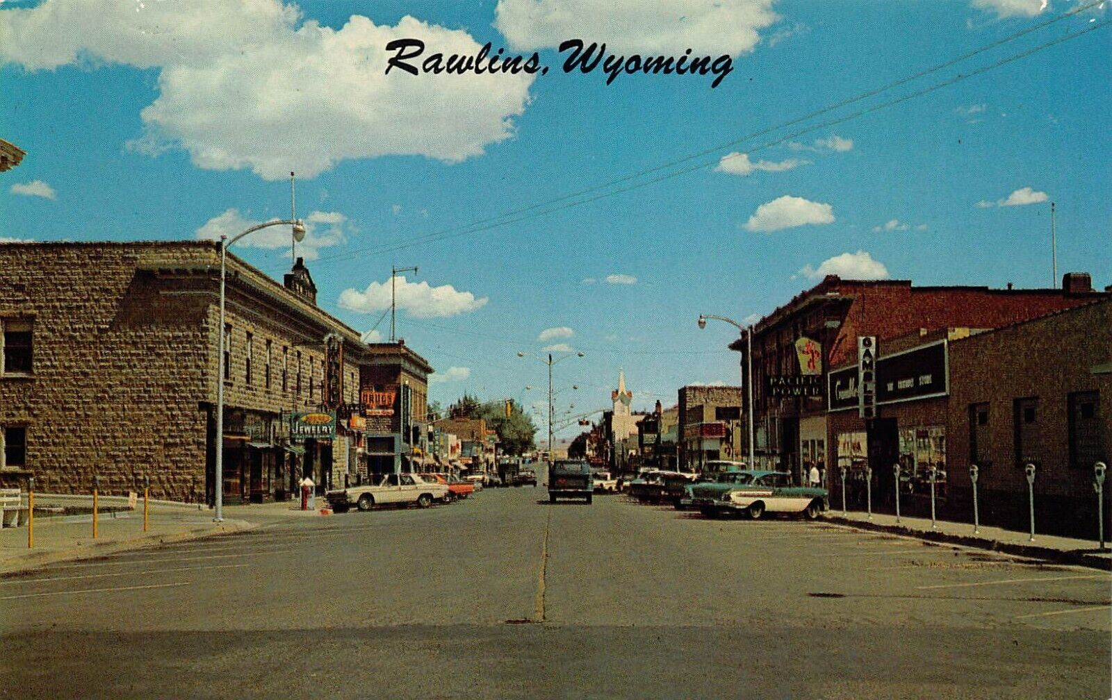 Rawling WY Wyoming Main Street View 1960s Cars Thunderbird Vtg Postcard K6