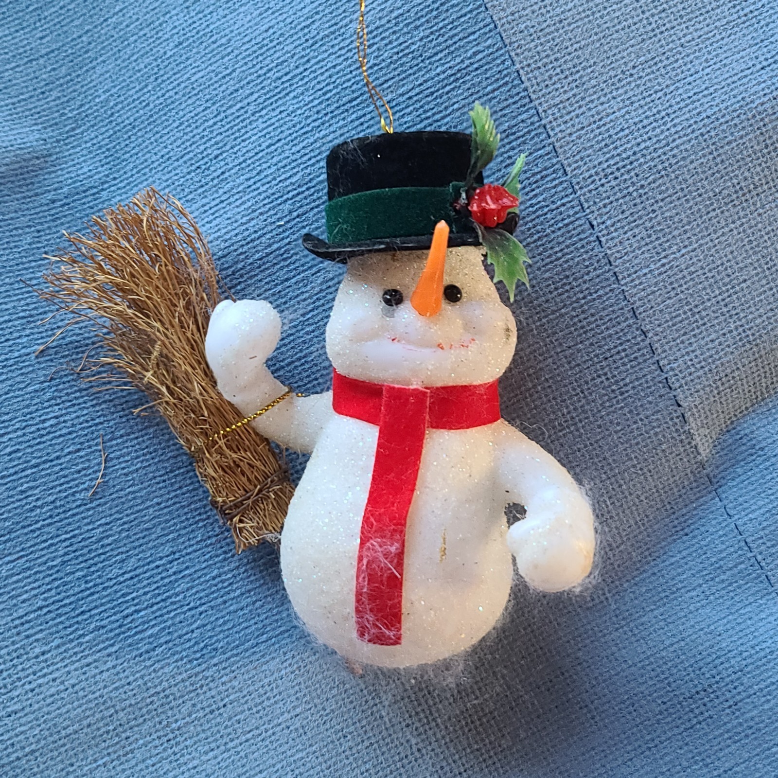 Vintage Flocked Blow Mold Snowman Ornament 4.5\