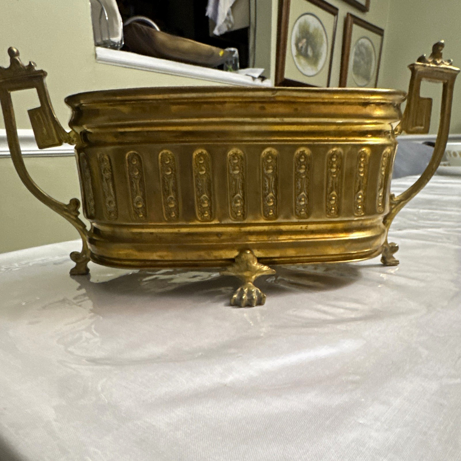 Antique Art Deco / Nouveau Brass Jardinière Planter Repoussé Footed Centerpiece Antique Art Deco / Nouveau Brass Jardinière Planter Repoussé Footed Centerpiece