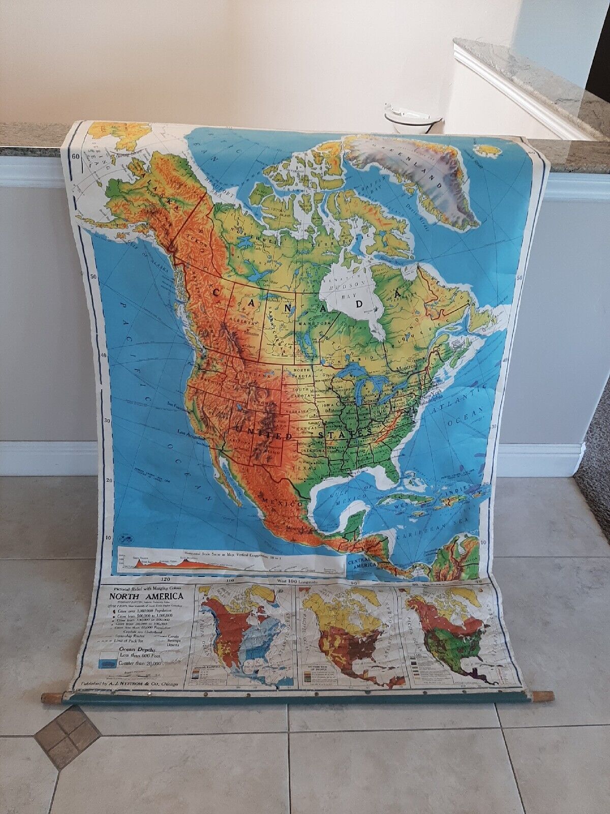 Vintage World Map 1960s  A.J Nystrom  Co. Chicago. Very Large