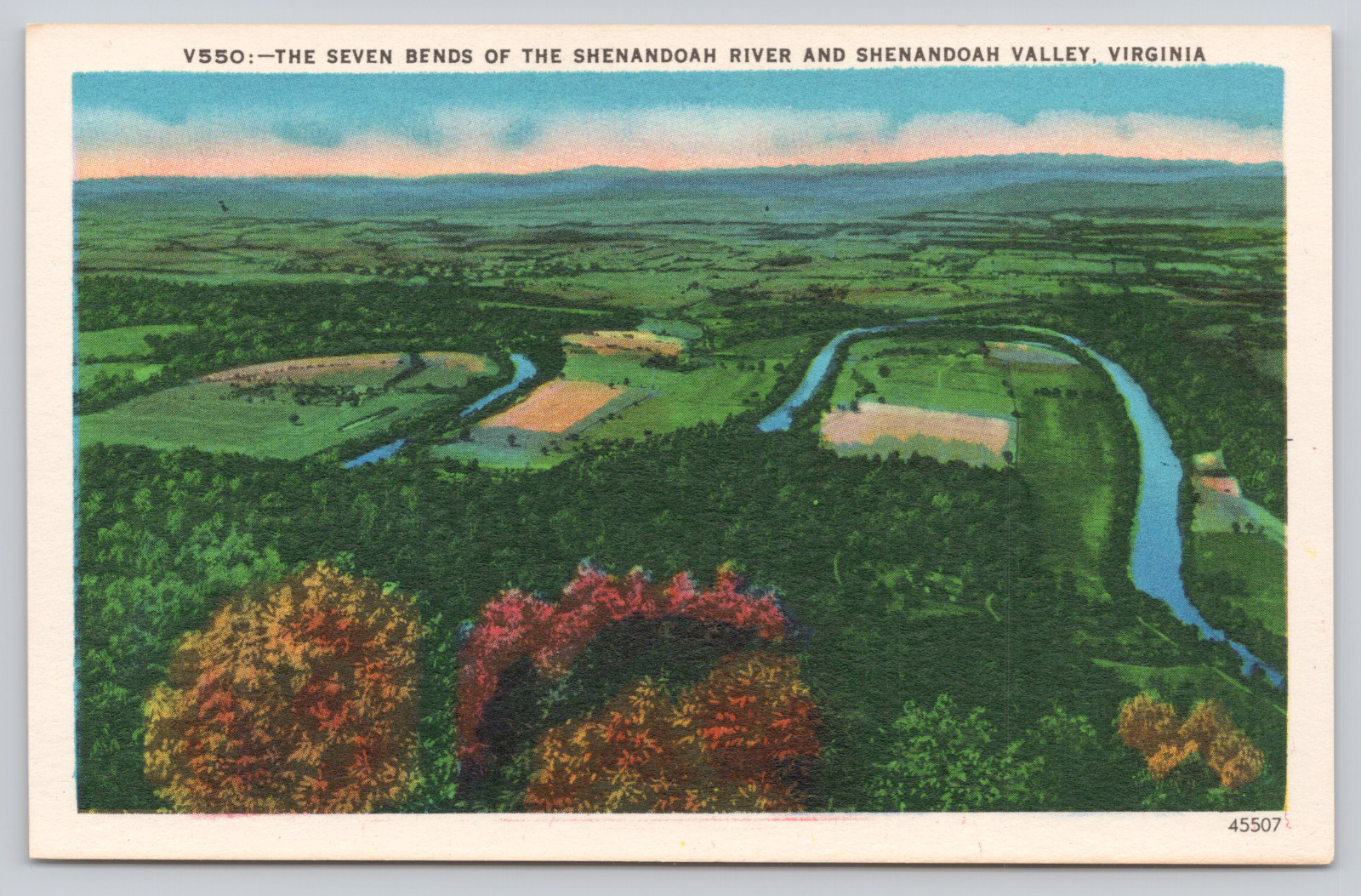 c1920 Seven Bends Shenandoah River Valley, VA Postcard, Blue Ridge Mountains