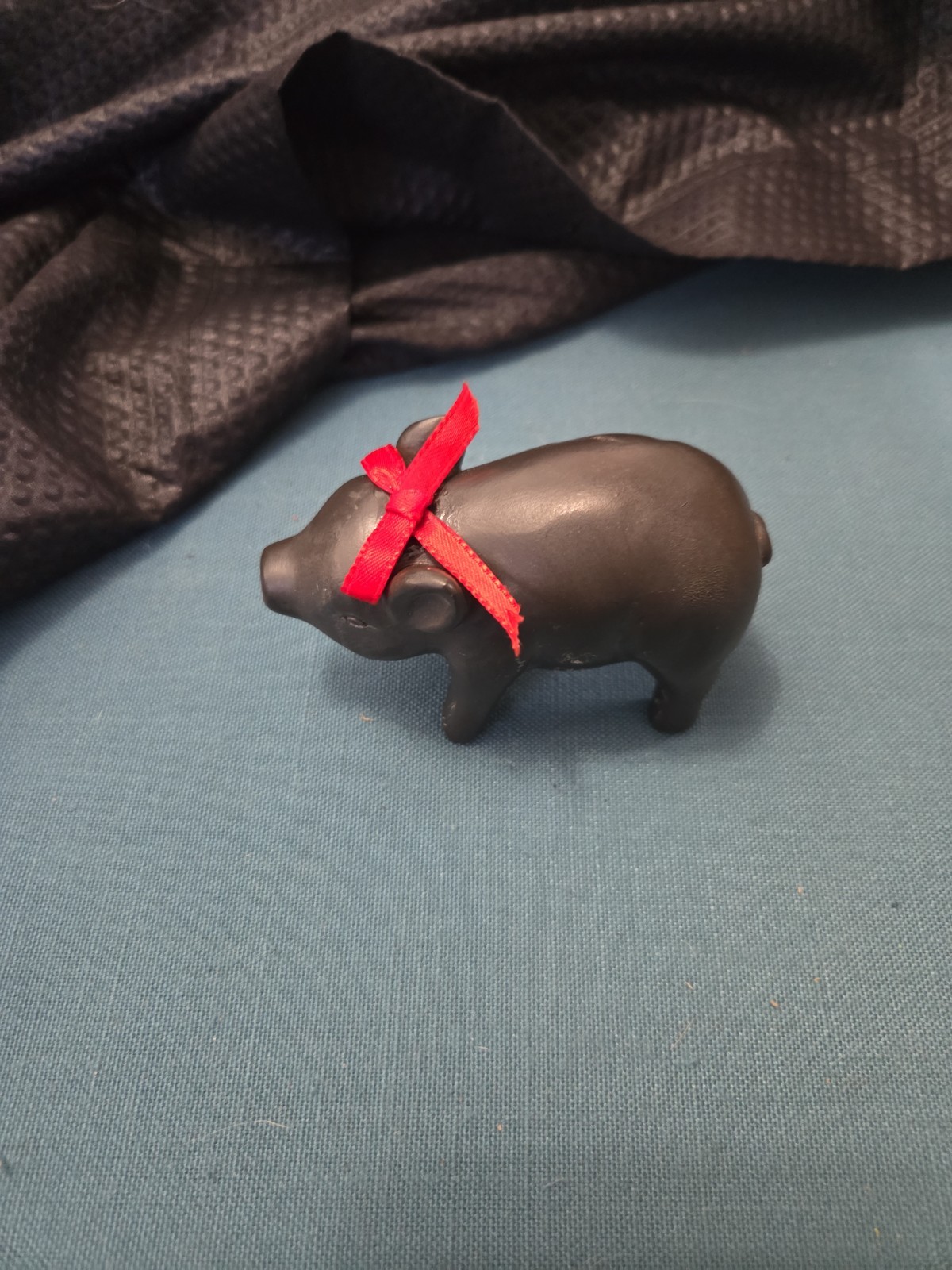 Vintage Irish Bog Oak Carved Lucky Pig Figurine With Red Bow Vintage Irish Bog Oak Carved Lucky Pig Figurine With Red Bow
