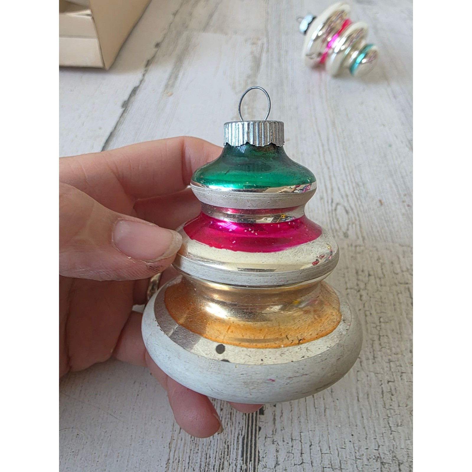 Vintage shiny Brite tree glass ornament striped Xmas copper orange red green