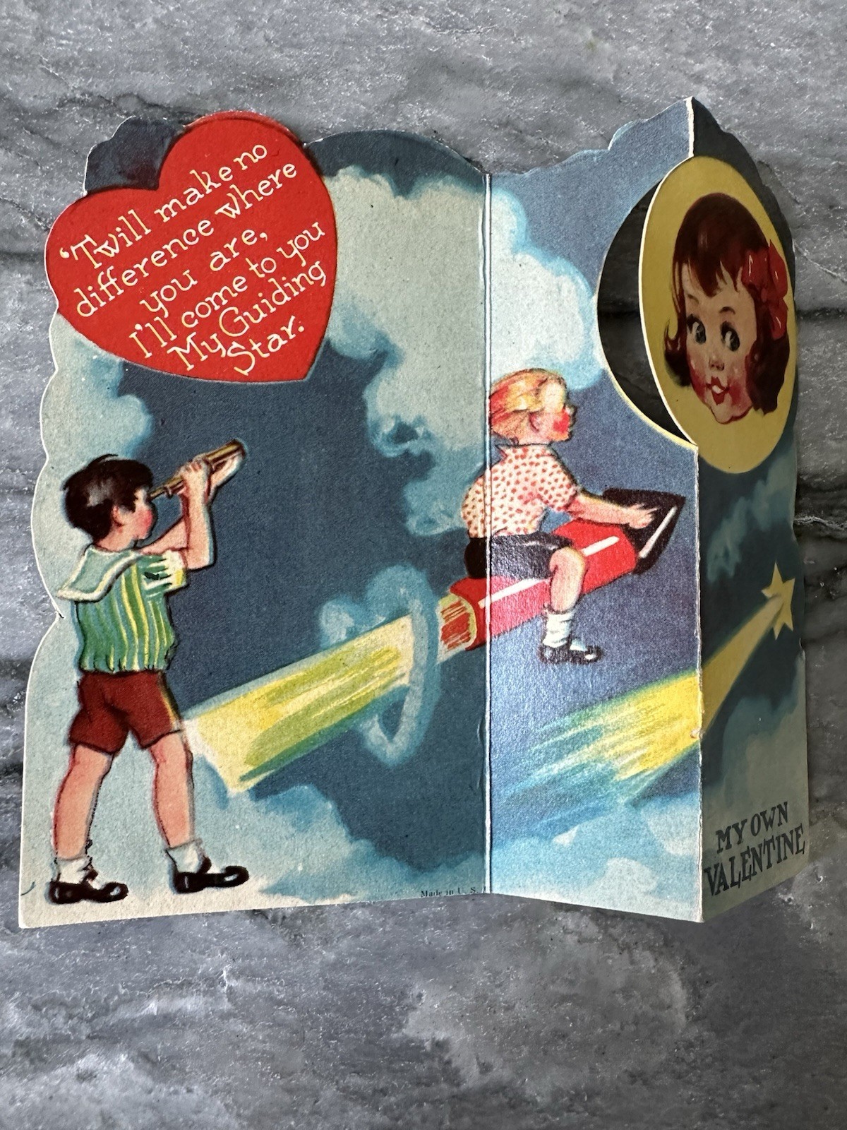 Rare Vintage Valentine 1940s Boy Girl Telescope Rocket Moon Space Star Cloud Rare Vintage Valentine 1940s Boy Girl Telescope Rocket Moon Space Star Cloud