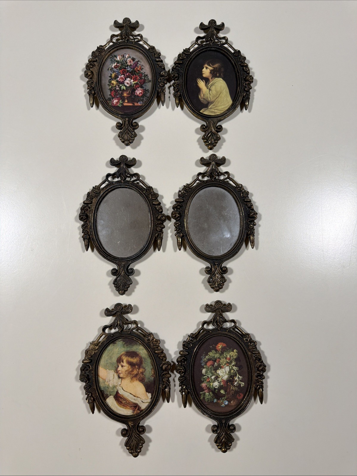 6 Italian Ornate Metal Framed Wall Set Vintage Mirrored Floral Print +1 Extra 6 Italian Ornate Metal Framed Wall Set Vintage Mirrored Floral Print +1 Extra