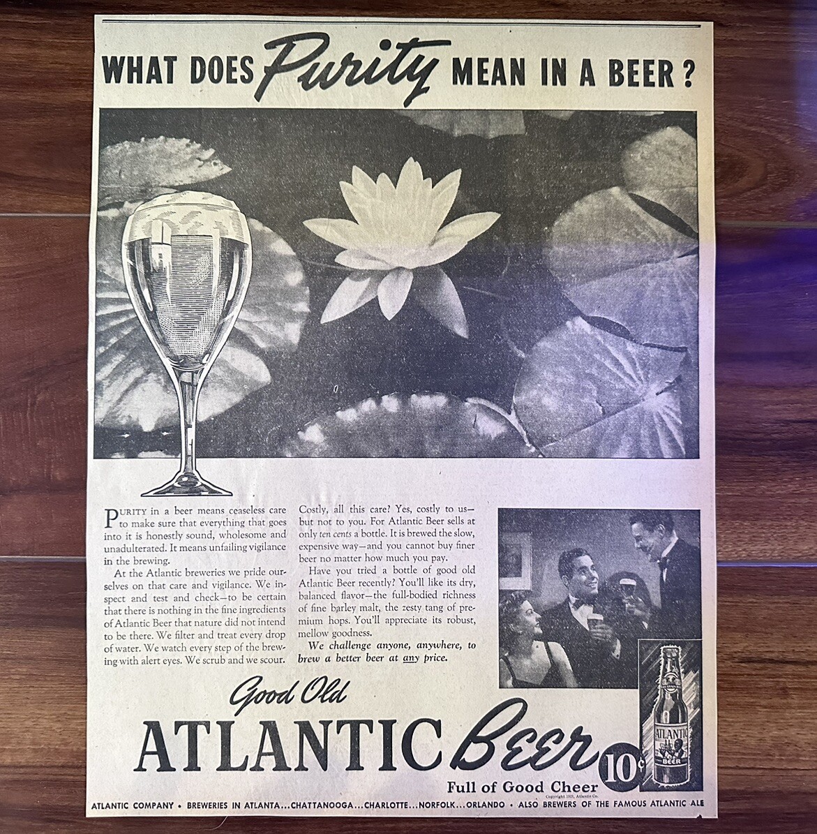 1939 Atlantic Beer Ale Company Newspaper Ad WWII WW2 Era Advertisement 12” X 15”