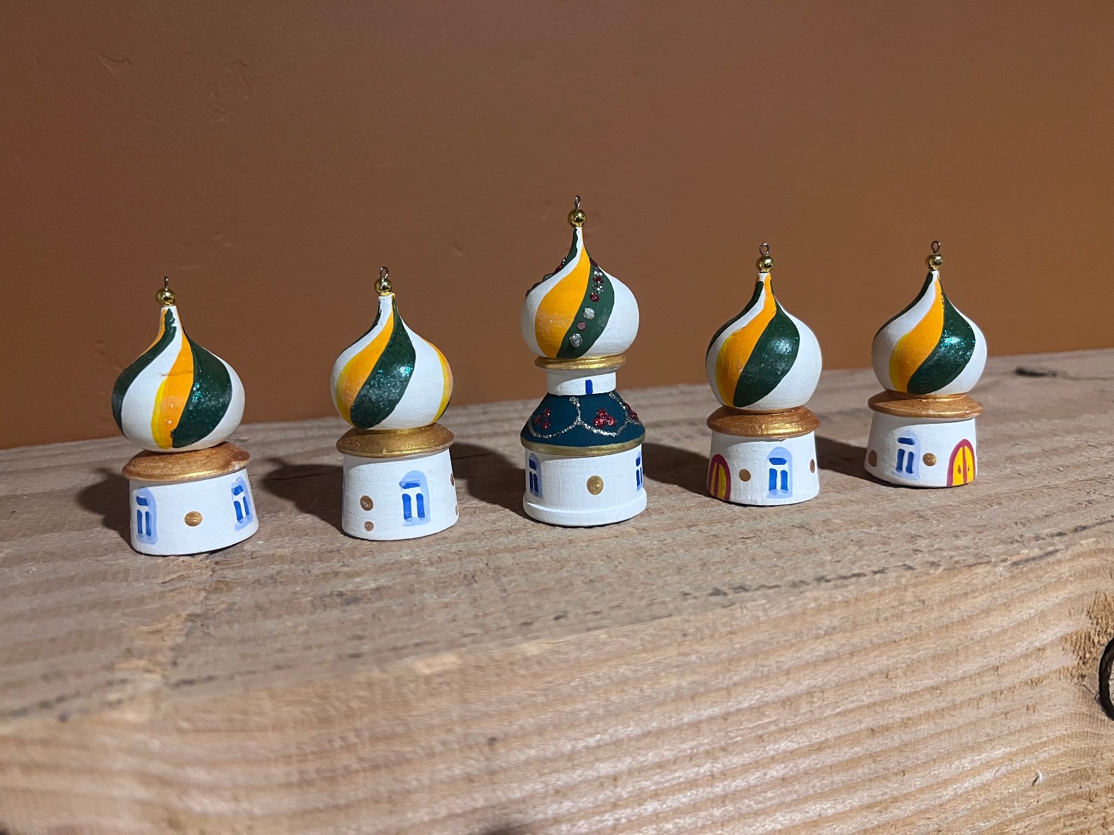 Five Beautiful Handpainted Russian Wooden Christmas Ornaments with Box